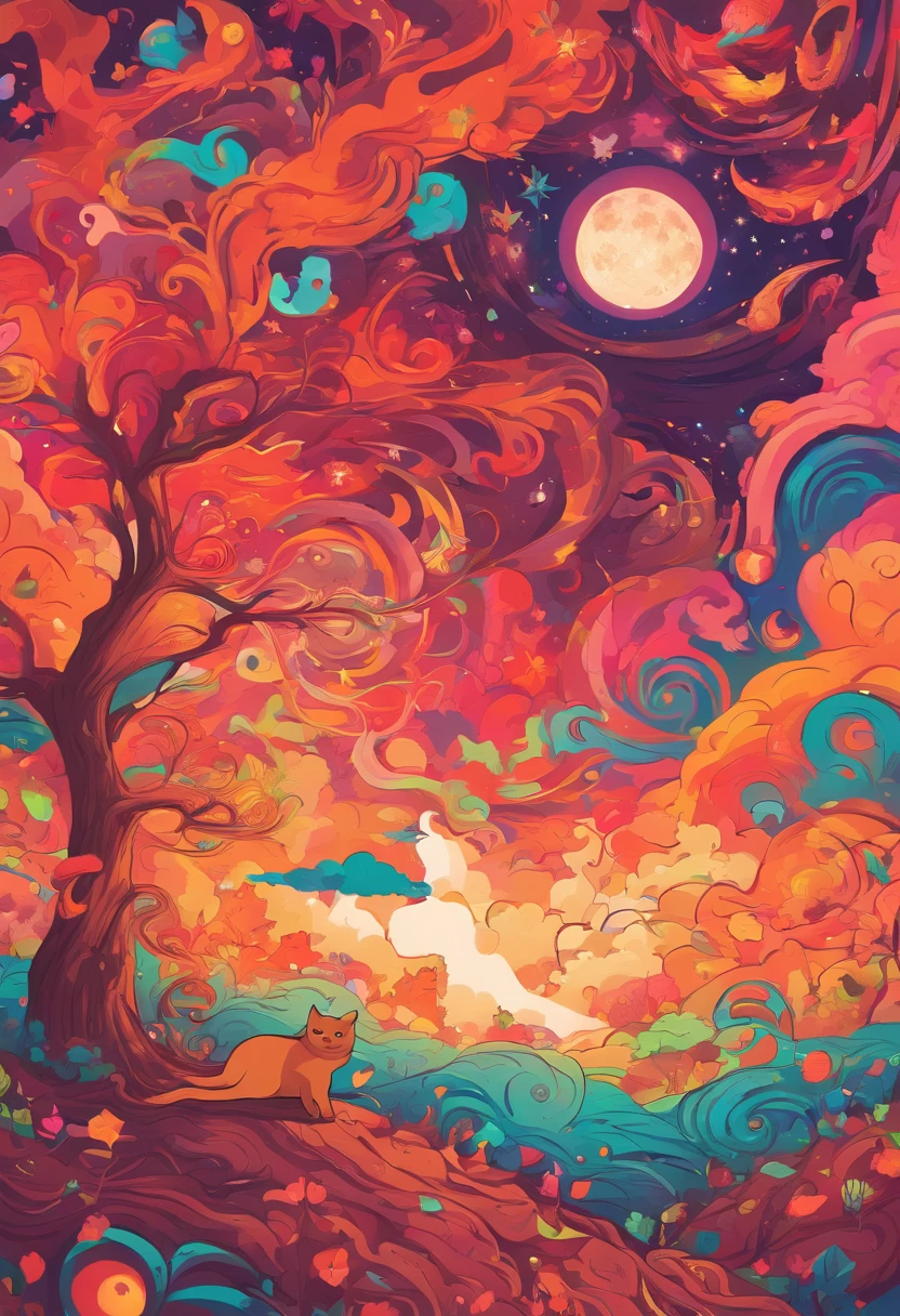 clouds and trees々Starry sky and warm moon,The main character is a reddish-brown cat