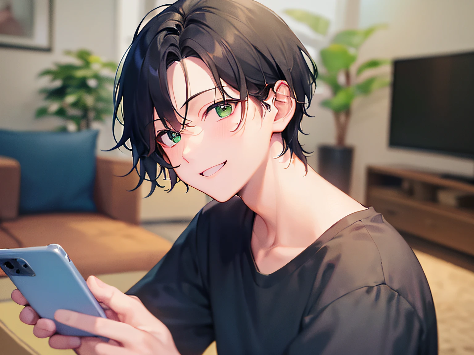 ​masterpiece、hightquality、25-year-old man with short black hair and green eyes、wearing black tshirt、Holding a smartphone in your hand、(Alone:1.5)、(Smiling expression:1.1)、(Close-up of your face:1.3)、(Only the upper body is shown.:1.3)、The background is the living room、Sitting on the couch、Bold composition、