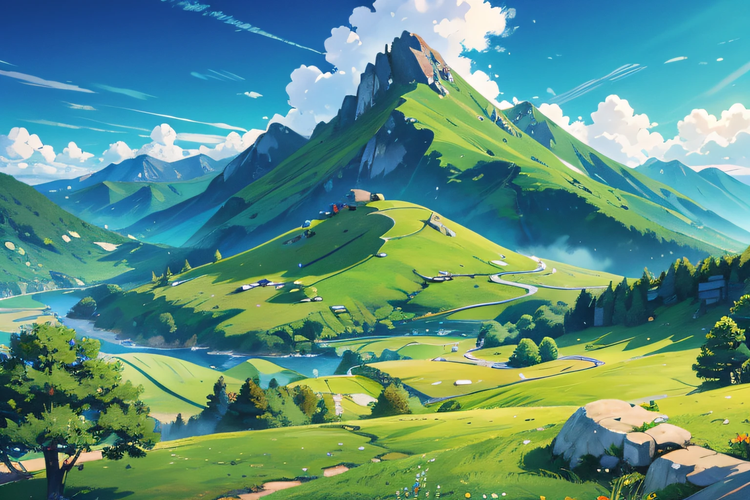 (illustrations : 1.0), photorealistic lighting, HD detail, 夏天, green mountain, mountain ranges, Ben