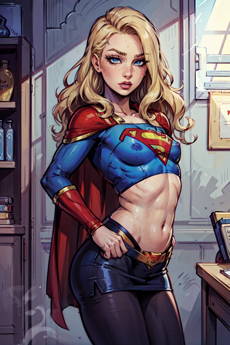 nsfw, 1girl, loli, supergirl, colored eyelashes, detailed eyes, detailed face, superhero, blonde hair, long hair, wavy hair, blue eyes, eyeshadow, freckles, flat chest, pencil skirt, blue crop top, small cape, loli,