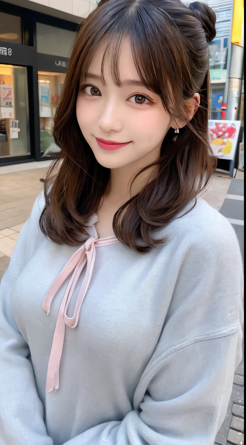 masutepiece, Best Quality, Illustration, Ultra-detailed, finely detail, hight resolution, 8K Wallpaper, Perfect dynamic composition, Beautiful detailed eyes, Trendy Women's Winter Fashion,Bun hair,Small breasts natural color lip, sexypose,Smile,Harajuku、20 years girl、Cute、is looking at the camera