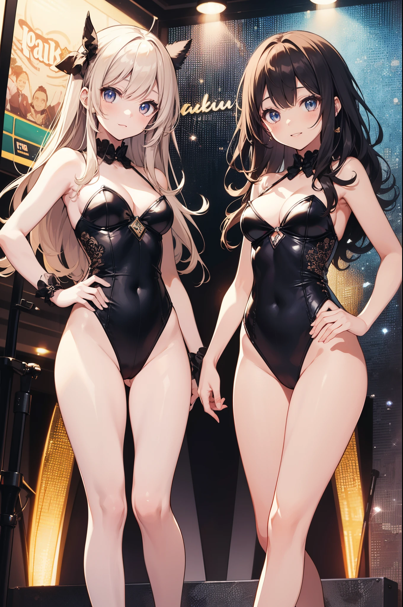 ((2D Beautiful Girl、top-quality、perfect fingers:1.1、perfect anatomia:1.1、Perfect outfit、Beautiful illustration))、cute petit girl、(transform sequence)、((cute decorative leotard))、8years old、Lori、Fractal Art、baby-face、((stright long hair))、beatiful detailed eyes、Show your teeth and smile、glad、(Full Body Display)、(1人)、(Luxury casino show stage)、