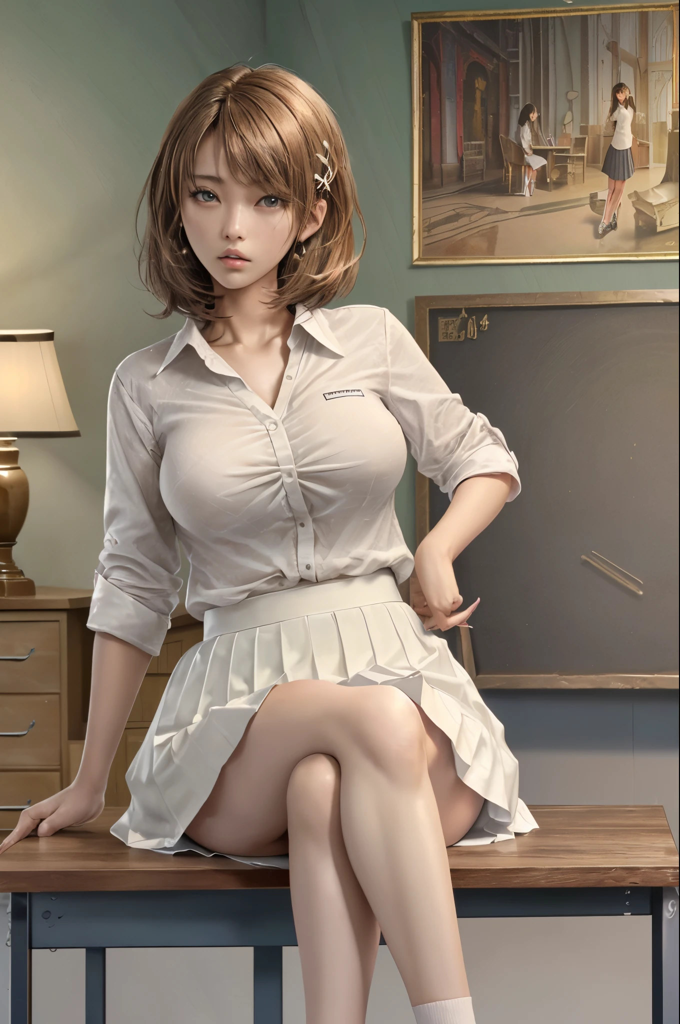 High Resolution, Top Quality, Masterpiece, Ultra High Quality, Ultra Detail, Ultra Realistic, 3D, Anime, Illustration, Fantasy, Solo, ((Beautiful Female Student Short Skirt)), Squatting and Touching Her Hair, (Looking at the camera), (Background Blur))), Brown leather shoes, Bare feet, (Cotton underwear), Large breasts, Front shooting,