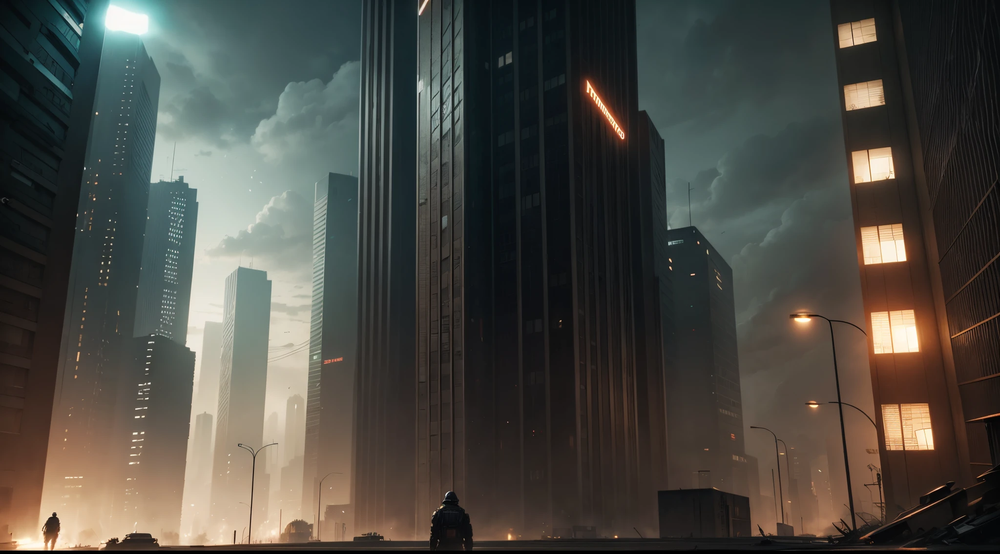 cinematic SCI-FI environment, Steam billows from towering factories on a dystopian world, casting an eerie glow on metallic architecture and gloomy streets. , cyber sci-fi , photorealistic, movie