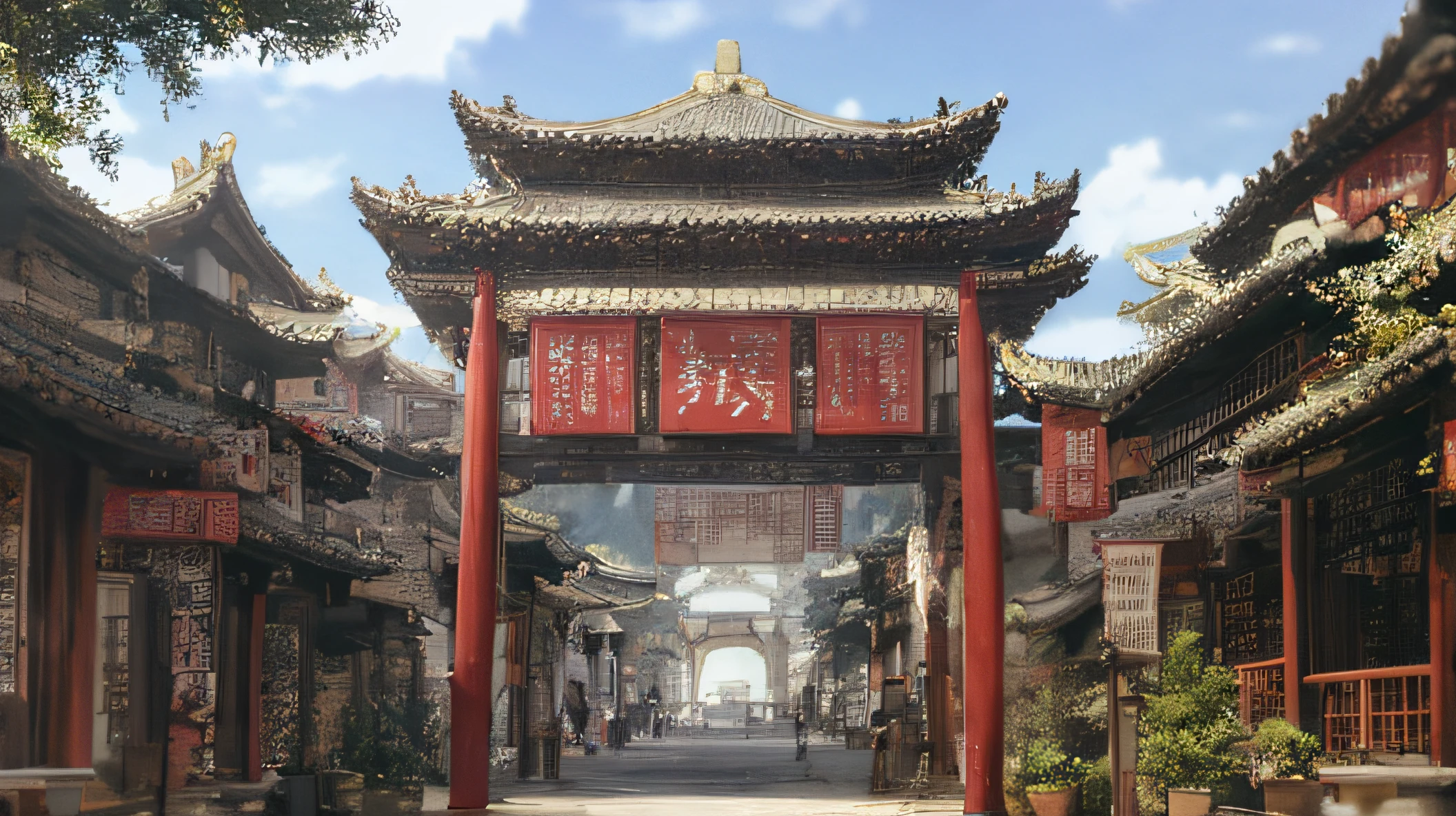 best qualtiy，8K，University gates，the sky background，Hazy，Magnificent atmosphere，1：3. Composition，The main structure occupies the lower third of the horizontal page，Chinese mainland --auto