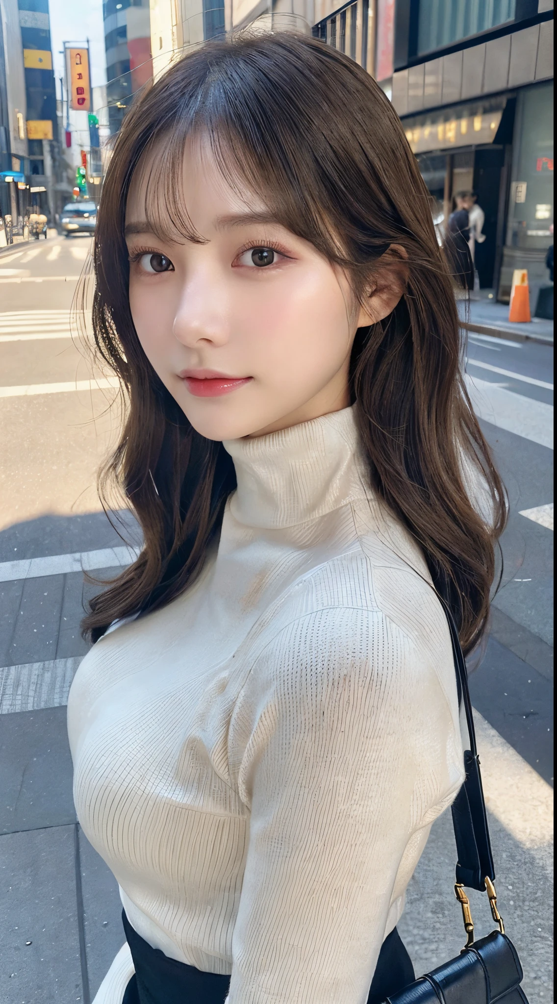 (Colossal tits、Turtleneck sweater、shoulder bags)、(top-quality,masterpiece:1.3,超高分辨率,),(ultra - detailed,Caustics),(真实感:1.4,RAW shooting,)Hyper-realistic capture,A very detailed one,HD 16K human skin、 Natural skin texture、、Skin looks healthy、even skintone、 Use natural light and color,A woman who is,japanes,,kawaii,A brunette one,mid hair,(depth of fields、color difference、、Wide range of lighting、naturalshadow、)、(Hair swaying in the wind:1.2)、Streets of Tokyo