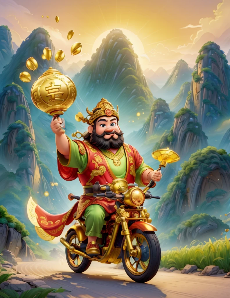 pixar style, (long shot: 1.8), (Chinese - chic Chinese mythological God of Wealth, anatomically correct, oriental elements), (a cute God of Wealth riding an e-bike with a gold ingot in his hand, Treasures Follow), (China - Stylish Illustration: 1.5, Vector Drawing: 1.5), (Chinese Colors, Advanced Color Matching, Gradient Background, White Background: 1.5), (Very Detailed, Well Designed, Clear Lines, High Definition, Best Quality, Masterpiece, Official Art, Cinematic Lighting Effects, 8K)