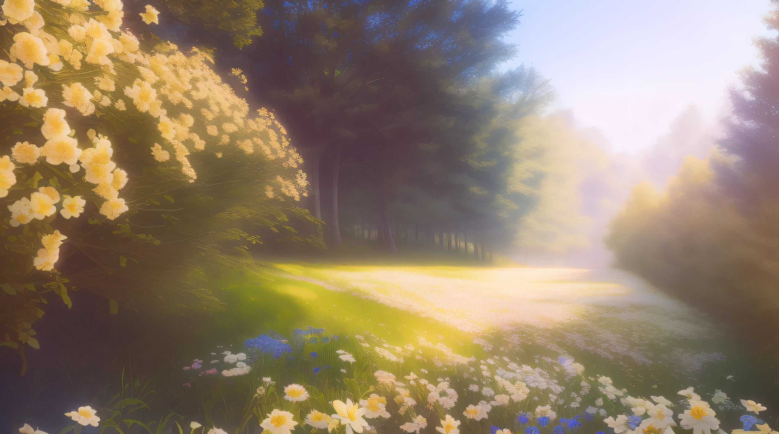 A wood,blue-sky,The close-up view is a beautiful flower field,Fantastic atmosphere