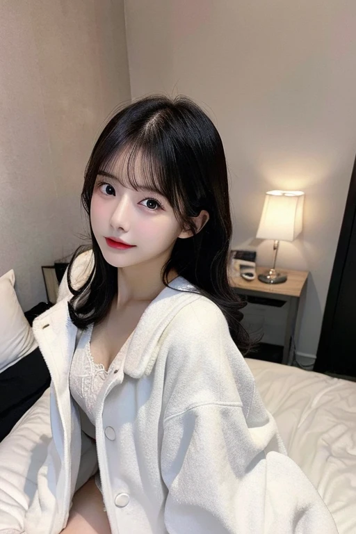 (disheveled white coat)、traditional Japanese room、andon lighting、futon bedding、lying on one's side(top-quality,masterpiece:1.3,超A high resolution,),(ultra-detailliert,Caustics),(Photorealsitic:1.4,RAW shooting,)Ultra-realistic capture,A highly detailed,high-definition16Kfor human skin、 Skin texture is natural、、The skin looks healthy with an even tone、,One Woman,japanes,,kawaii,A dark-haired,Middle hair,beutiful breast、Beautiful valley、