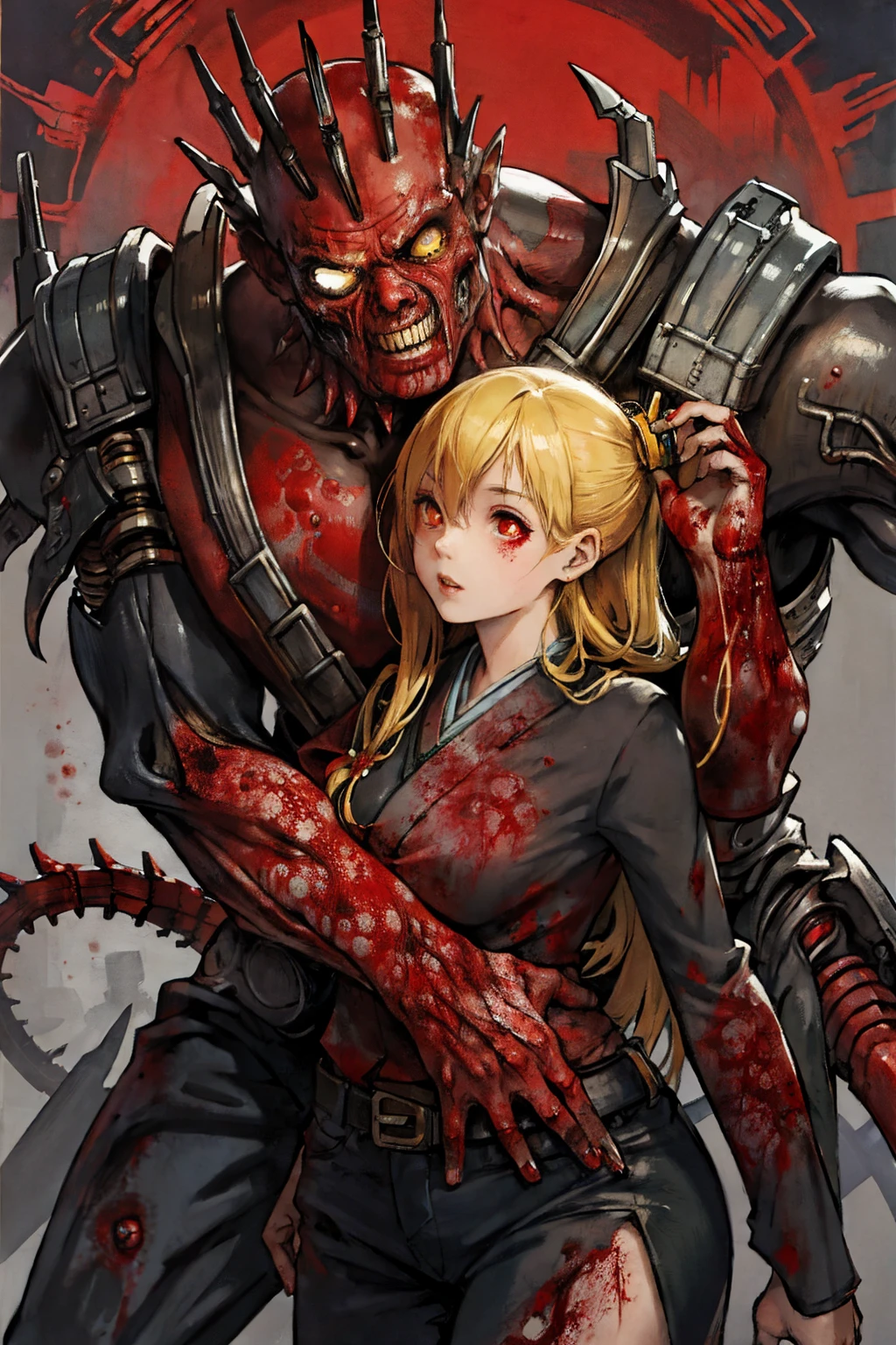 (Best Quality), oriental detailed background, , science fiction,mechanical arms, guro,zombies_girl with man ,monster