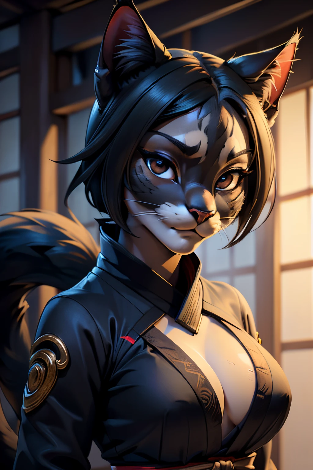 ((super high quality)), ((master piece)), girl khajiit, shinobi girl, artificial cat, furry cat, ((Only cat ears, There is no other)), ((there&#39;s a cat there&#39;short fluffy tail on the back)), ((face clean)), beautiful cute face, beautiful woman&#39;s lips, charming beauty, ((stern look)), Close your eyes and look at the camera, ((Dark skin color, black leopard)), ((dark skin color)), body glare, ((detailed beautiful female eyes)), ((red eyes)), beautiful woman&#39;s hands, ((perfect woman image)), Ideal female body type, beautiful waist, big thighs, ((delicate and beautiful)), has a fascinating value, epic stance ((close up of face)), ((Revealing clothing,ninja clothes, sexy shinobi clothes, sexy cleavage), background: Japan in the 19th century, traditional japanese house, night, ((Depth of the bounds written)), ((High quality and clear images)), ((vivid details)), ((very detailed)), realistic, Professional photography session, ((clear focus)), ((comics)), anime, NSFW