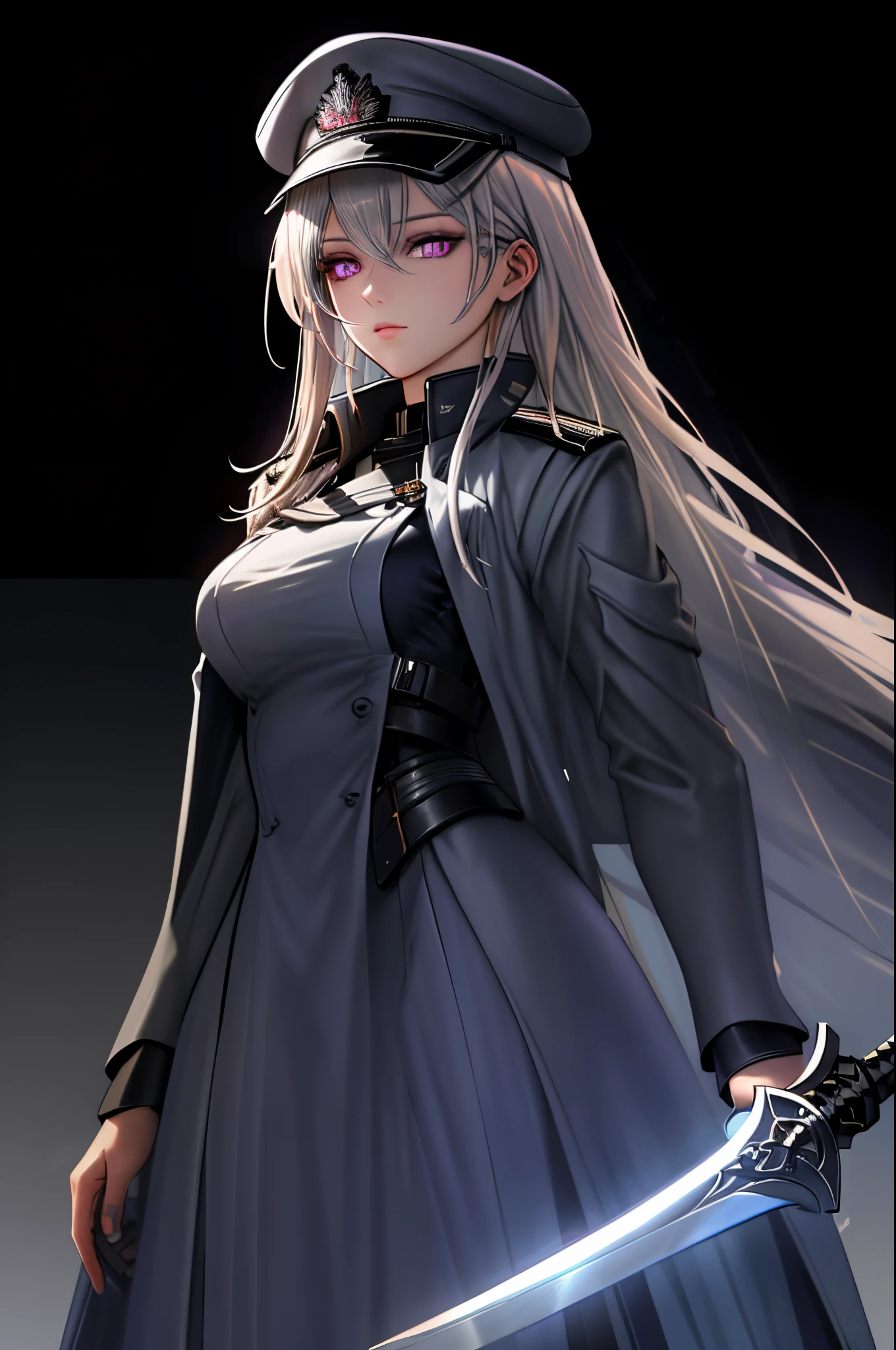 This image is a digital illustration made by MSchiffer with dynamic dark lines in cel-shaded style, showing the spectacular beauty of a young adult woman, who wears military clothing. Holding a large sword, She has grayish white hair, wears a military hat, Violet eyes, She is looking at the viewer. Very low point of view. Tetradic colors.