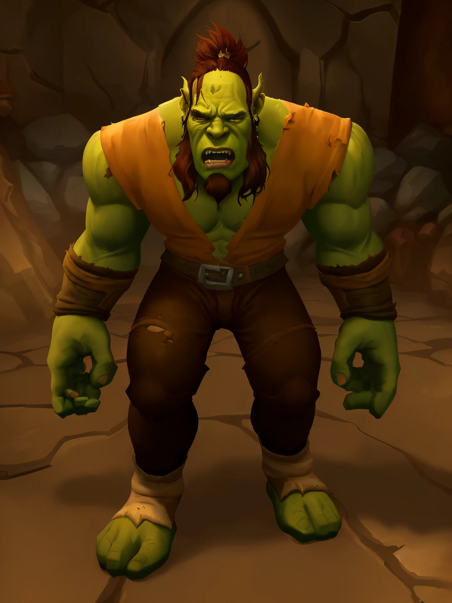 a massive,male orc, robust, mature orc warrior with green skin, sharp fangs, and a rugged, masculine appearance, wearing black leather Fundoshi and a harness, in a gritty, realistic digital art style, multiple similar orc characters in a tavern setting, dramatic lighting, highly detailed, cinematic composition, dark moody colors