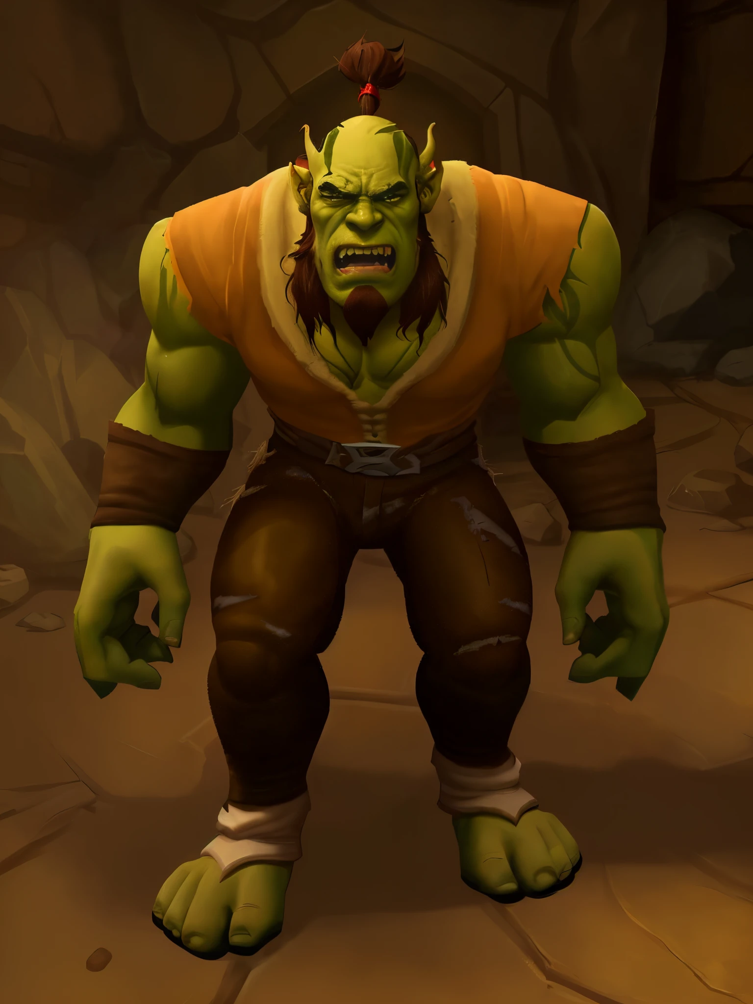 light green orc, angry, slightly stooped, brown leather torn clothes, in the stone room, Poor lighting, dark red sideburns, small dark red beard, Without mustache, dark red tuft of hair on head, fangs, Warcraft style, Fantasy