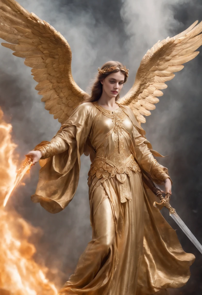 Ultra-realistic angelic figure: A golden angel with wings spread with a fiery sword in his hand in a gloomy, dark smoke setting
