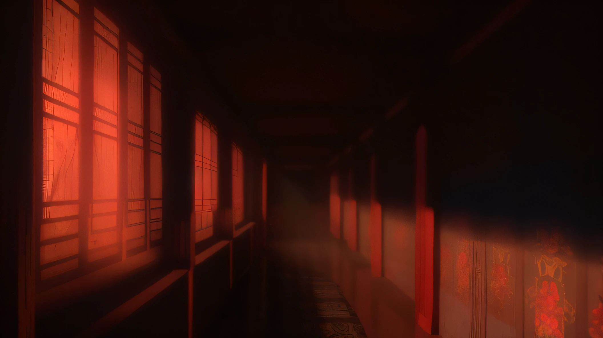 There is a long corridor of the Chinese palace，Dramatic lighting., dramatic lighting render,