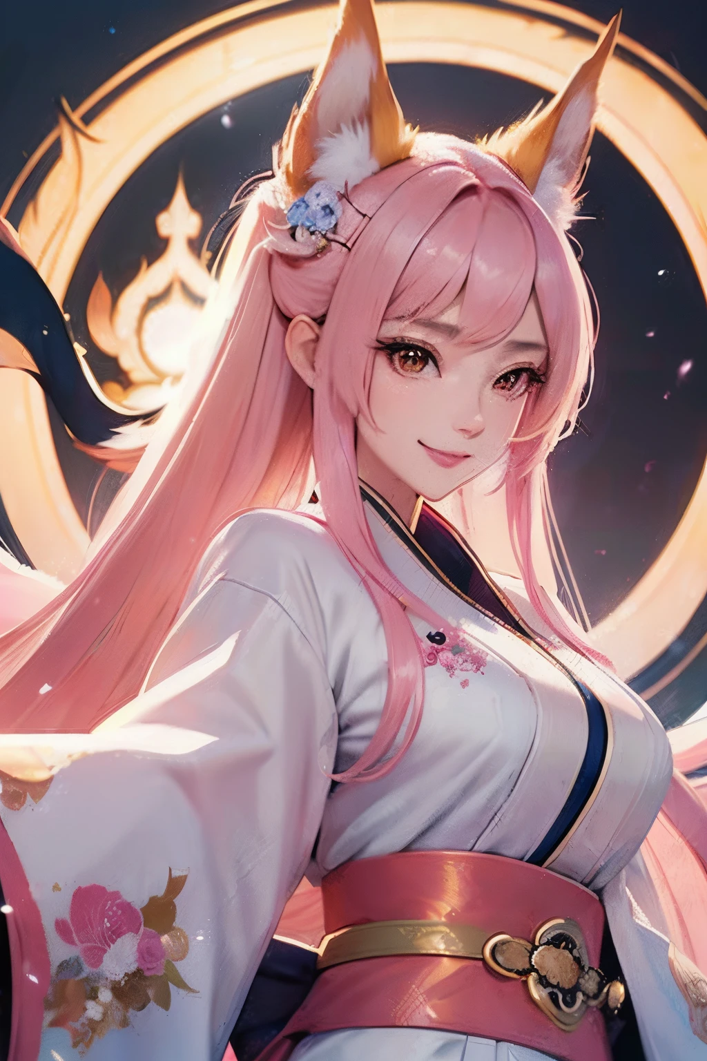 beautiful japanese young woman,Solo, Happy smiling official art, Unity 8k wallpaper, Ultra detailed, Beautiful and aesthetic, Beautiful, Masterpiece, Best quality, Kitsune witch, kitsune mask, Pink and white haori jacket, Foxfire spell, The fox is familiar, Transformation,Depth of field,