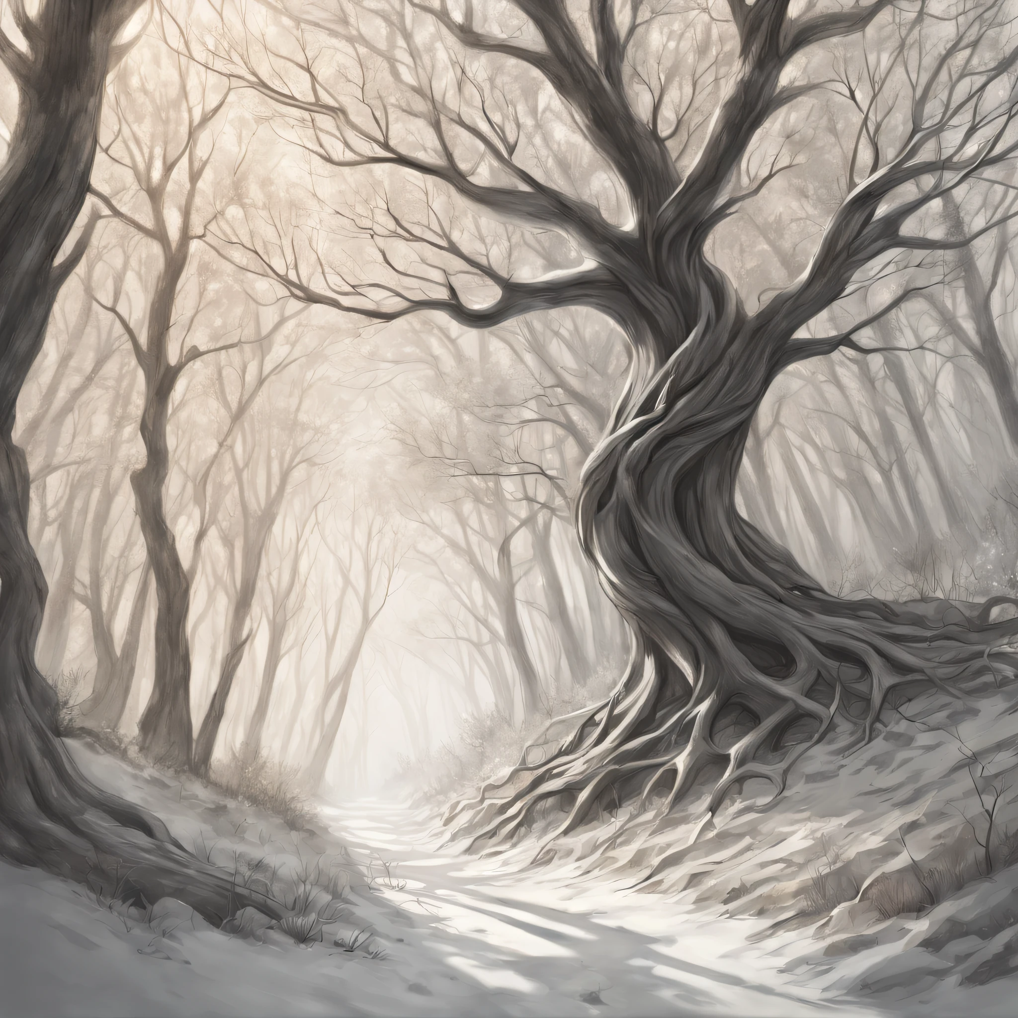 (best quality,4k,8k,highres,masterpiece:1.2),(ultra - detailed),(realisticlying:1.37).illustratio,(pencil drawing),at winter season,black andwhite,(ln the forest),(line art),organic lines,(crooked branches),hidden path,(Twisted vines),(Intertwined tree trunks),Ethereal atmosphere,game of light and shadow,Subtle gradients、Gradient shadows、Mottled sunlight、tree crown、forest floor、(bark texture)、branch details、(Fine lines)、(stroke technique)、(Sketch-like texture)。Abstract, (Simple vector art), (Hierarchical form).