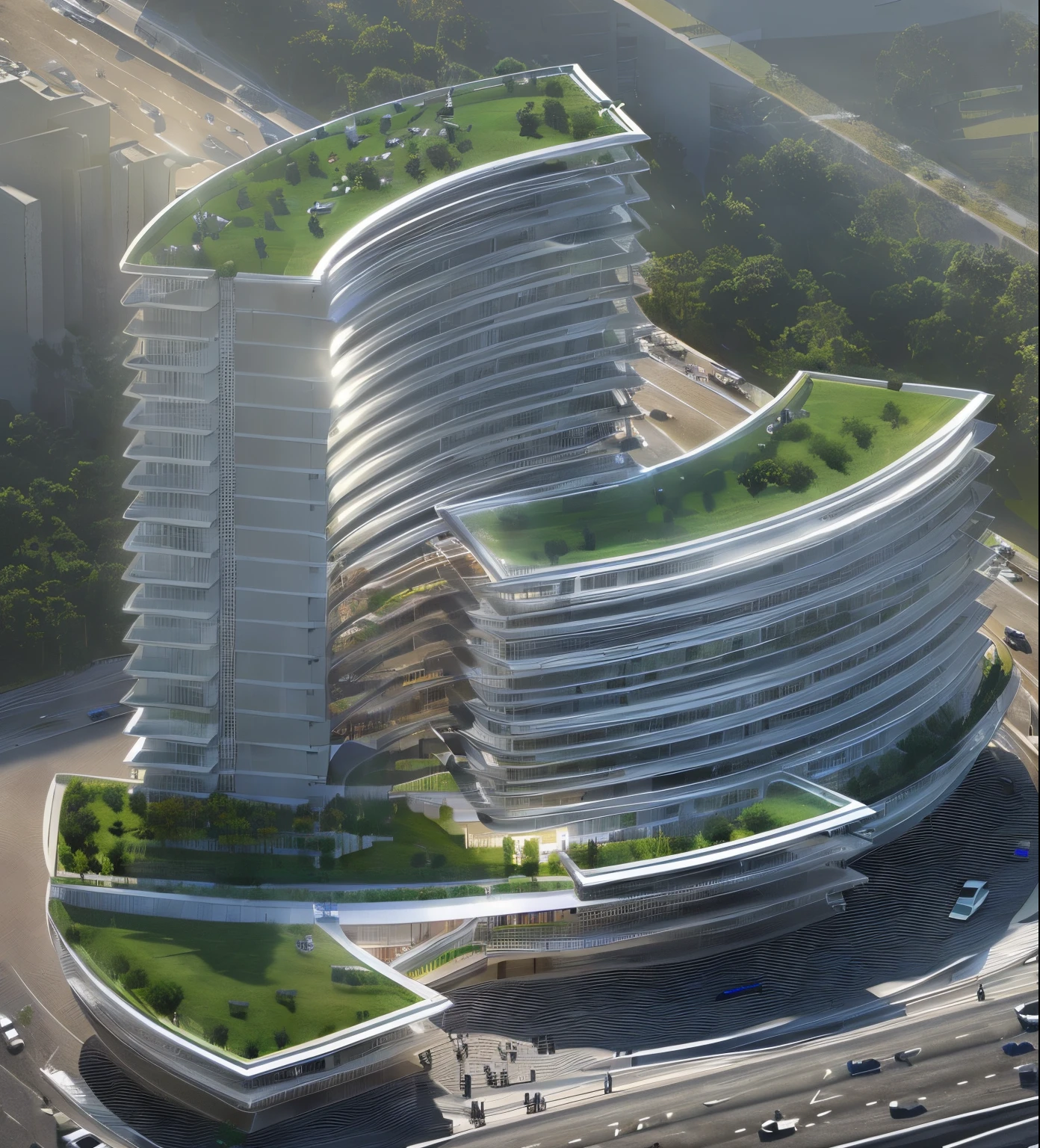 arafed image of a building with a curved roof and a ramp, architectural concept, circular towers, rounded architecture, rendered, curvilinear architecture, conceptual, detailed rendering, architectural concepts, architecture render, complex 3 d render, complex 3d render, architectural render, conceptual rendering, rendering of checkmate, digital model, pre-rendered, rendered illustration