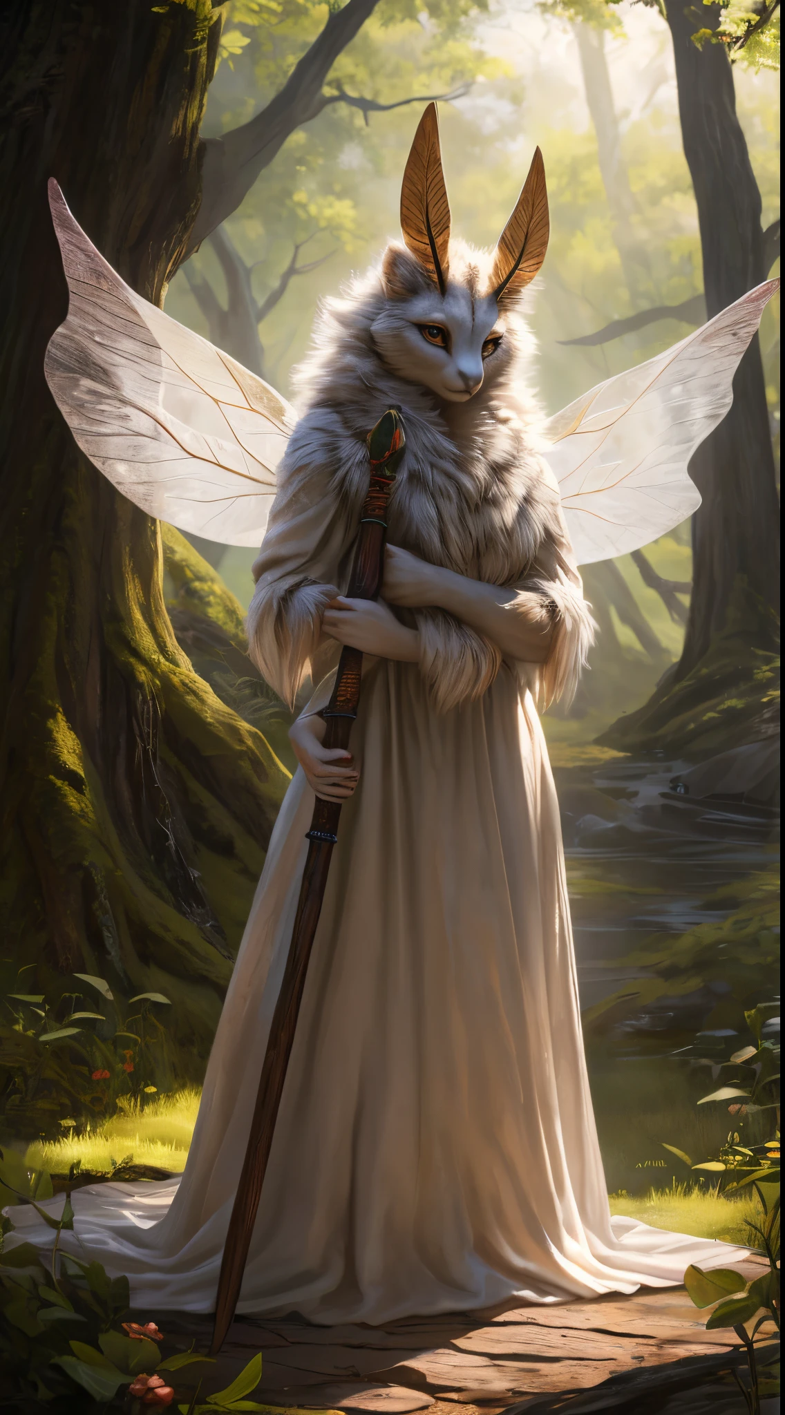 (best quality,4k,8k,highres,masterpiece:1.2),ultra-detailed(realistic,photorealistic,photo-realistic:1.37),portraits,anthro,female,white fur,fluffy,four arms,multiarms,beautiful detailed eyes,beautiful detailed lips,extremely detailed eyes and face,long eyelashes,antennae,neck fur,moth wings,closed wings,epic white dress,druid staff,wooden staff,detailed background