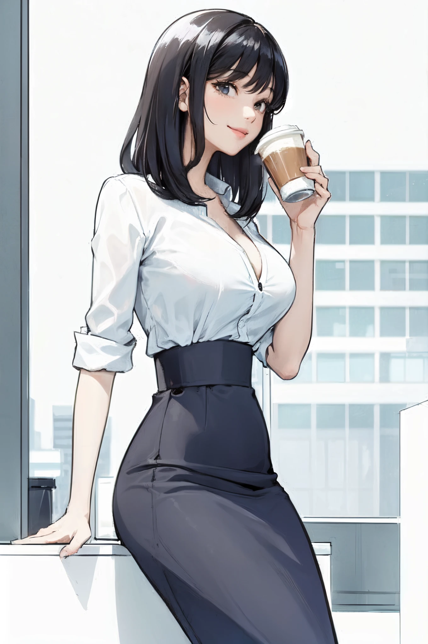 1lady sitting, holding a coffee cup, office worker outfit, mature female, /(black hair/) bangs, light smile, (masterpiece best quality:1.2) delicate illustration ultra-detailed BREAK /(modern office indoors/), window skyscraper
