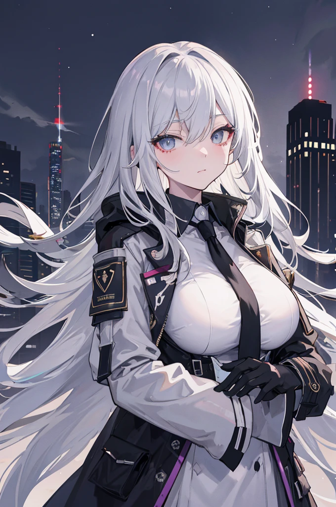 ((tmasterpiece:1.4, Best quality at best))+, (hyper-detailing)+, (exquisite red eye:1.5)+, (Detailed ears:1.5), (cute girls), (The shirt,a white long skirt:1.5), Tight white silk, Short hair details, long braid,Bite your hair,no headwear,(Black flowers:1.2), pale-skinned, (white cloth:1.5), (Black Martin boots:1.4), old castle,Surrounded by giant black trees, The whole city shrouded in thick fog,Mechanical Behemoth, rail,Huge ruins,Giant black crystals are scattered throughout the city,Looking up at tall buildings from the street,Flying dust,(:1.1), (dawn light:1.2), ), (closeup cleavage:1.1), the only person, bell, bright blue hair, hair covering one eye, V-shaped eyebrows, Gloom (have expressed), from back, from the above, Best quality at best, A high resolution, high detal, high high quality, 16k
