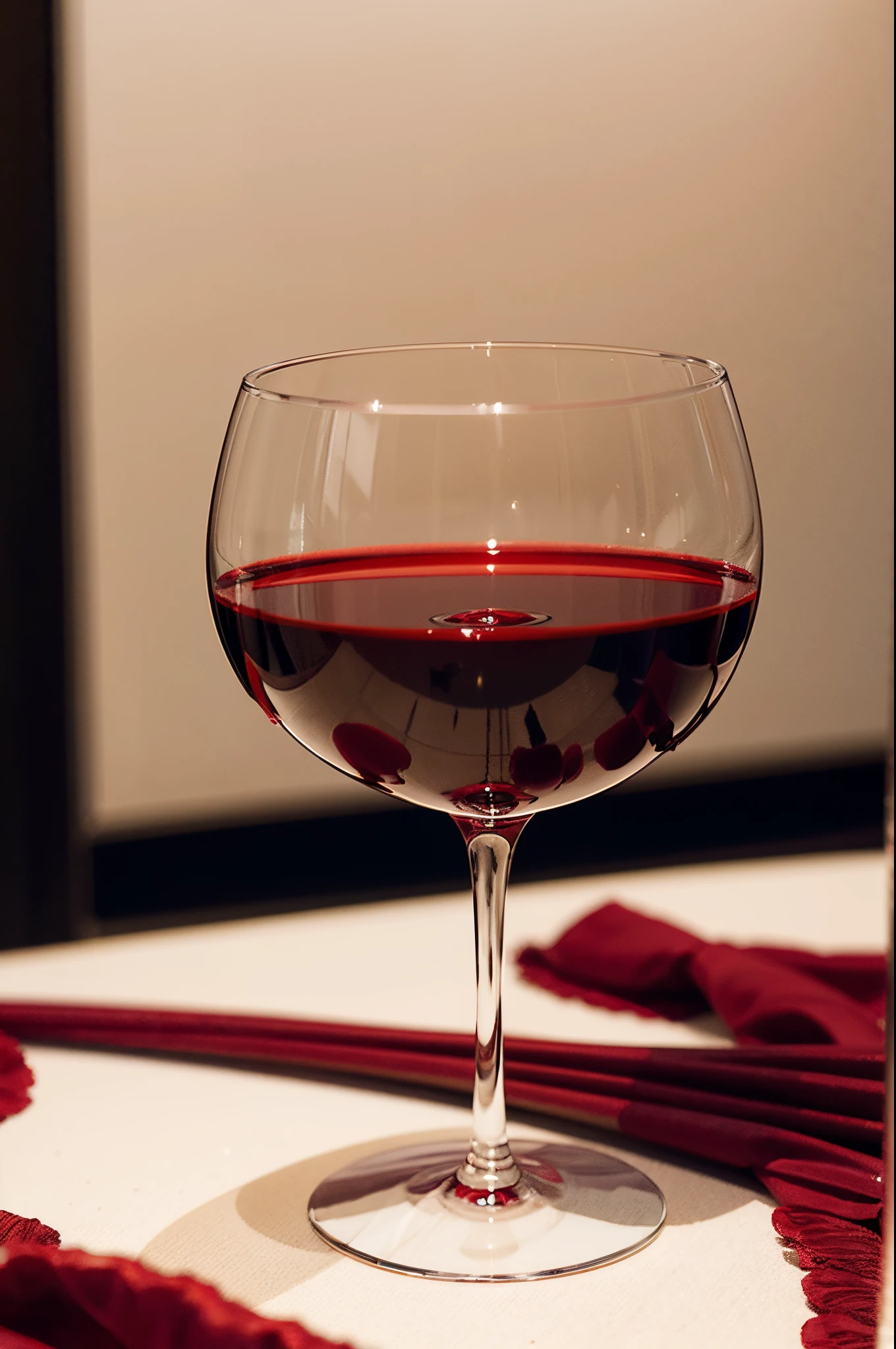 Goblet full of red wine on white table，Glass texture，extremly high detail，32K，hyper HD