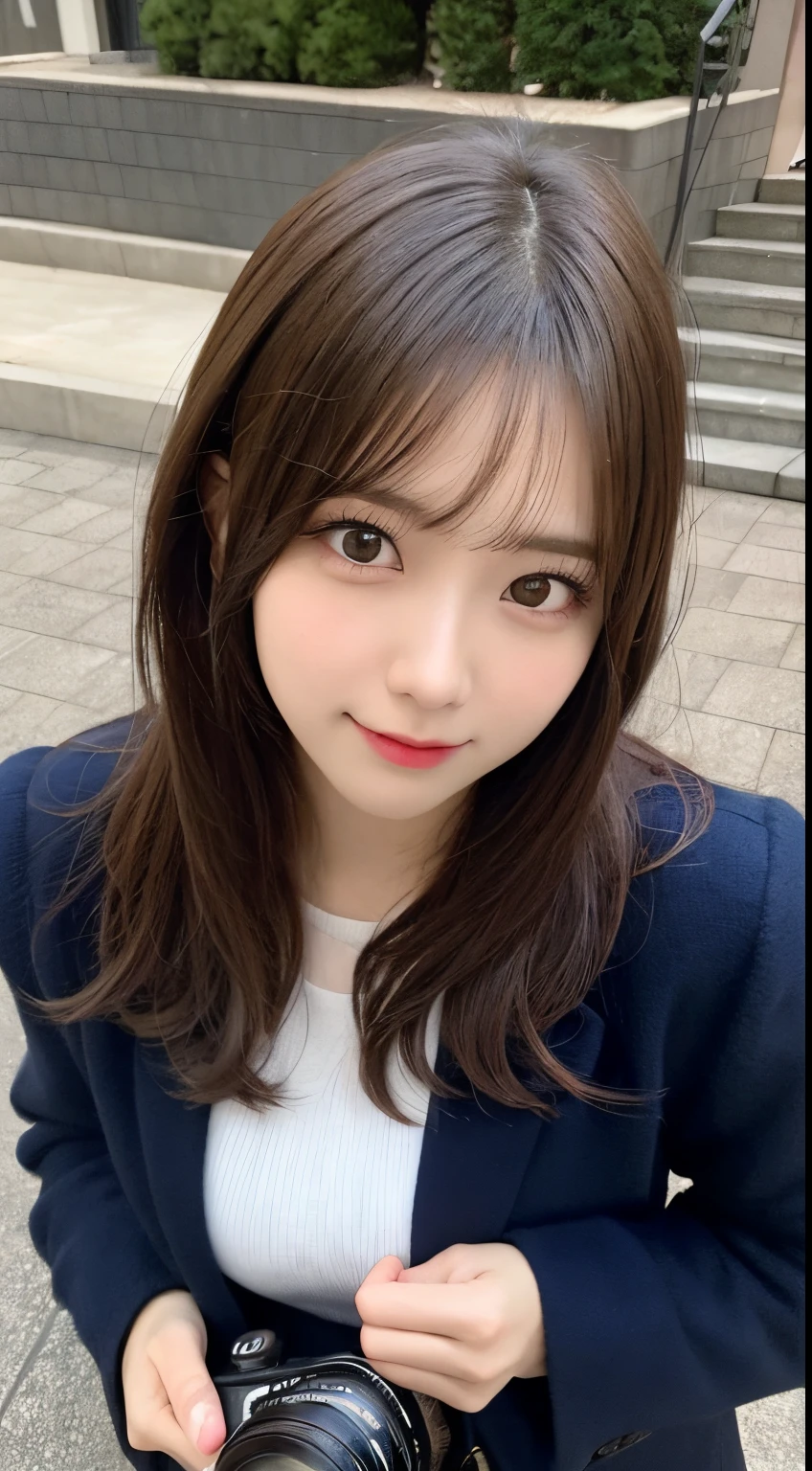 highres, ultra detailed, photorealistic, 1 beautiful japanese girl, highly detailed beautiful face, medium hair, light smile, formal suit