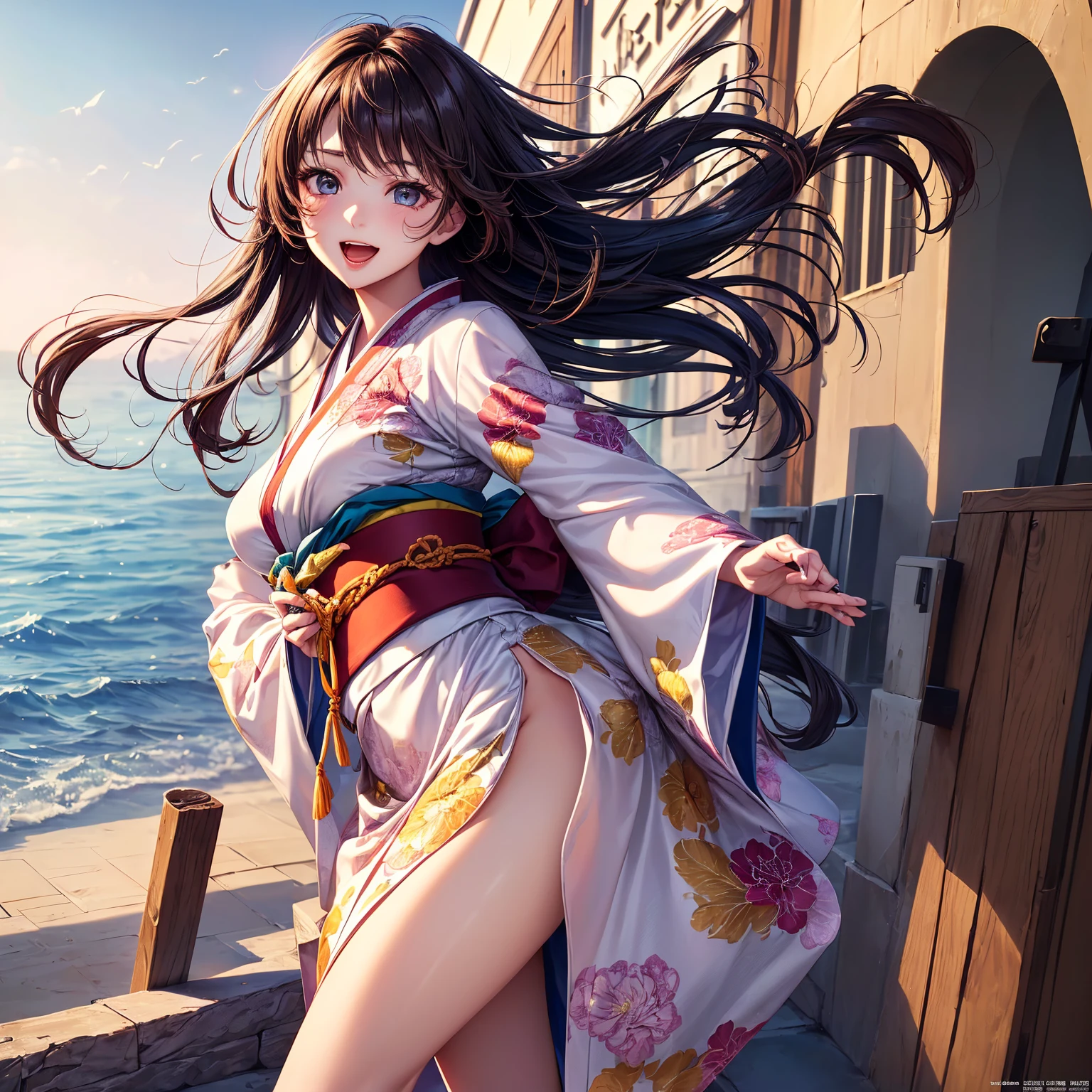 (top-quality、​masterpiece、very high res、An ultra-high picture quality、High quality pixels)、(1girl,She is an extremely beautiful woman、and she is 20 years old、1 person、Single、独奏:1.5)、(She is a very beautiful woman with a beautiful face)、(Beautiful face written in detail,Beautiful body,Eyes with a strong will,Beautiful eyes,Beautiful hair,Beautiful skin texture)、(Beautiful hair quality,Variety of hairstyles)、(Slender body and beautiful breasts)、(Lovely smile,Open mouth)、(Beautifully colored long-sleeved kimono,Furisode figure,Furisode wearing,adult-like),(model poses,modelshoot,Magazine shooting,Hair flutters under the influence of the wind),The wind is blowing、Beautiful Art Style,an animated character、(The whole picture、Detailed picture、accurate anatomy、Defect-free images、extremely detailed picture、Accurate images、image perfect)、(Best Shot Photo 1.2)