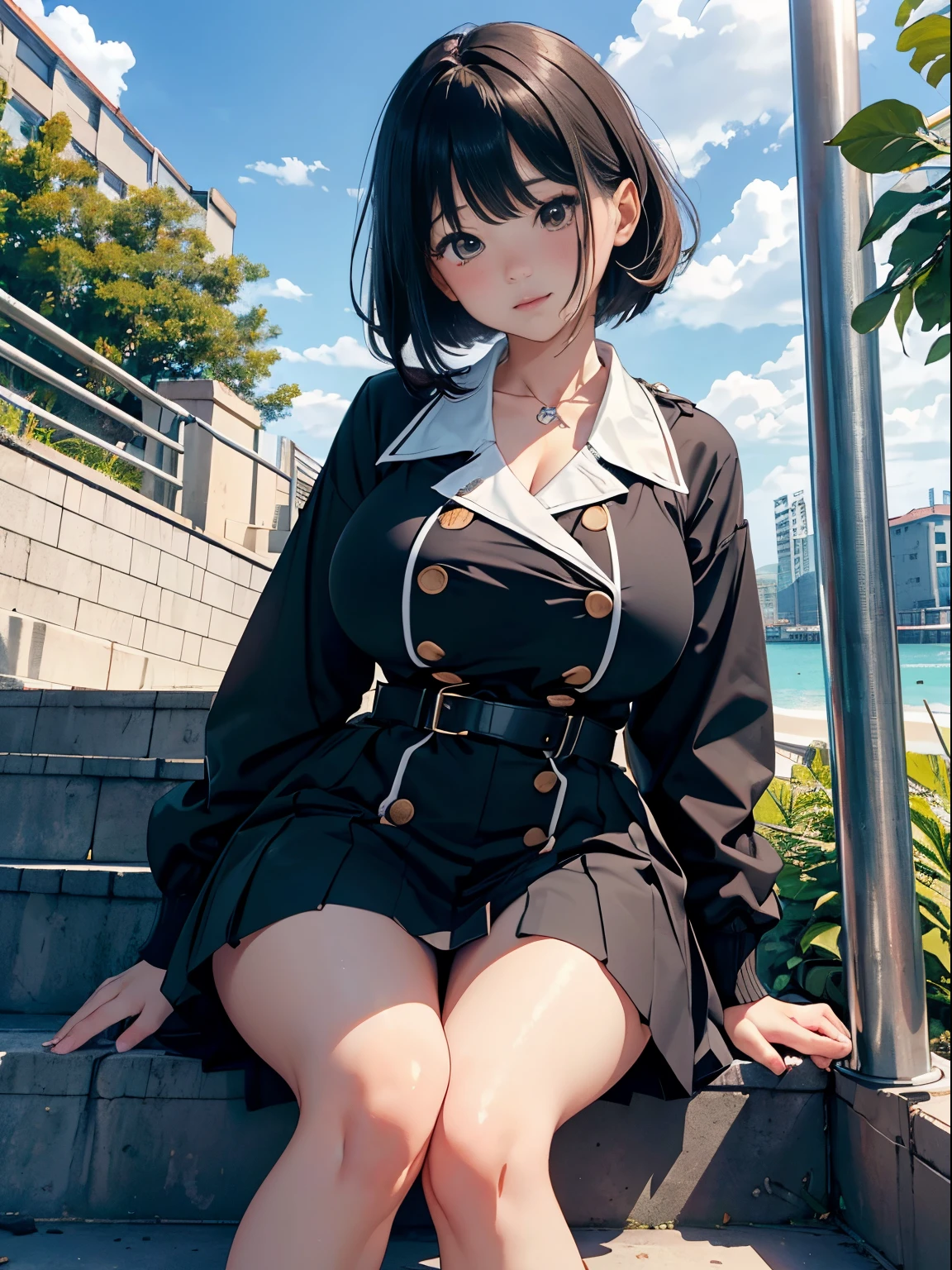 20 years girl、(​masterpiece:1.4)、(in 8K、realisitic、Raw photo、top-quality:1.4)、(Real Face:1.4)、(real looking skin:1.3)、超A high resolution、A hyper-realistic、Brown eyes、high detailing、black hair shorthair、耳环、parka、pleatedskirt、(huge-breasted:1.5)、gargantilha、blushing、Embarrassed look、stairway、Angle from below