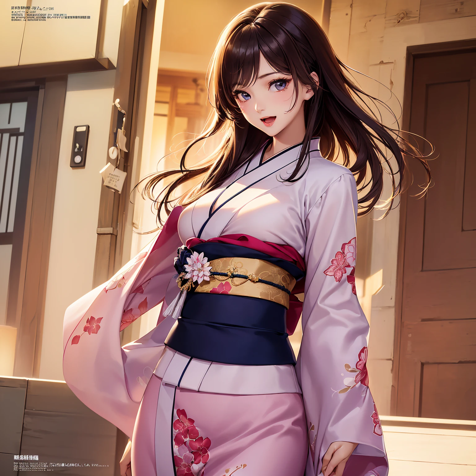 (top-quality、masterpiece、very high res、An ultra-high picture quality、High quality pixels)、(1girl,She is an extremely beautiful woman、and she is 20 years old、1 person、Single、独奏:1.5)、(She is a very beautiful woman with a beautiful face)、(Beautiful face written in detail,Beautiful body,Eyes with a strong will,Beautiful eyes,Beautiful hair,Beautiful skin texture)、(Beautiful hair quality,Variety of hairstyles)、(Slender body and beautiful breasts)、(Lovely smile,Open mouth)、(Beautifully colored long-sleeved kimono,Furisode figure,Furisode wearing,adult-like),(model poses,modelshoot,Magazine shooting,Hair flutters under the influence of the wind),The wind is blowing、Beautiful Art Style,an animated character、(The whole picture、Detailed picture、accurate anatomy、Defect-free images、extremely detailed picture、Accurate images、image perfect)、(Best Shot Photo 1.2)