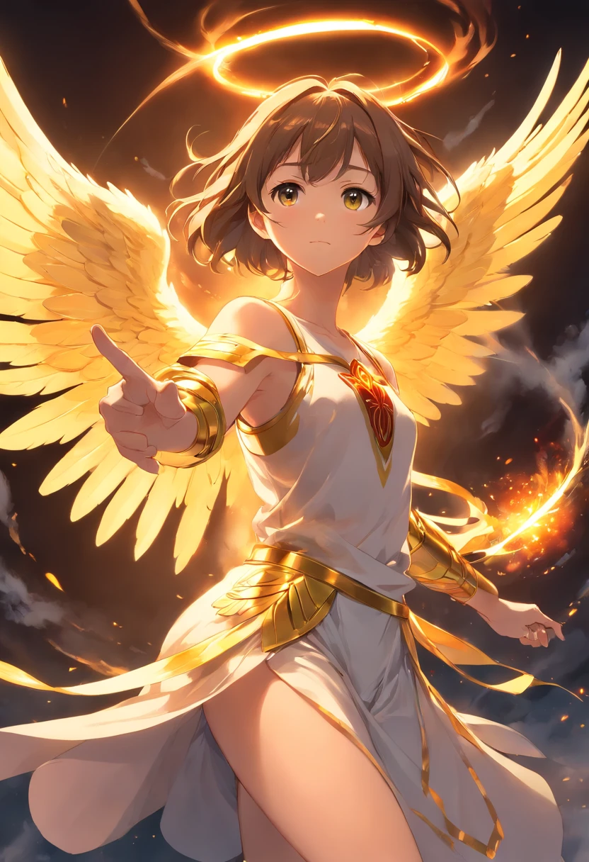 Ultra-realistic angelic figure: A golden angel with wings spread with a fiery sword in his hand in a gloomy, dark smoke setting