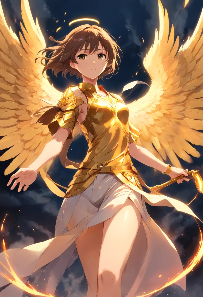 Ultra-realistic angelic figure: A golden angel with wings spread with a fiery sword in his hand in a gloomy, dark smoke setting