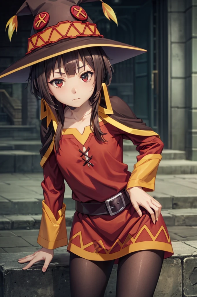 Perfect female shape, (1womanl), (Megumin), red robes, boots, (Wearing pantyhose), ((tucking up the skirt)), The crotch is visible, Looking at the camera, (top-quality, ​masterpiece:1.2), (intricate detailes:1.4), (Photorealsitic:1.4), Front image, High resolution, high detailing, realistic skin textures, Detail Face, Very detailed CG Unity 16k wallpaper, make - up, (detailedbackground:1.2), shinny skin,