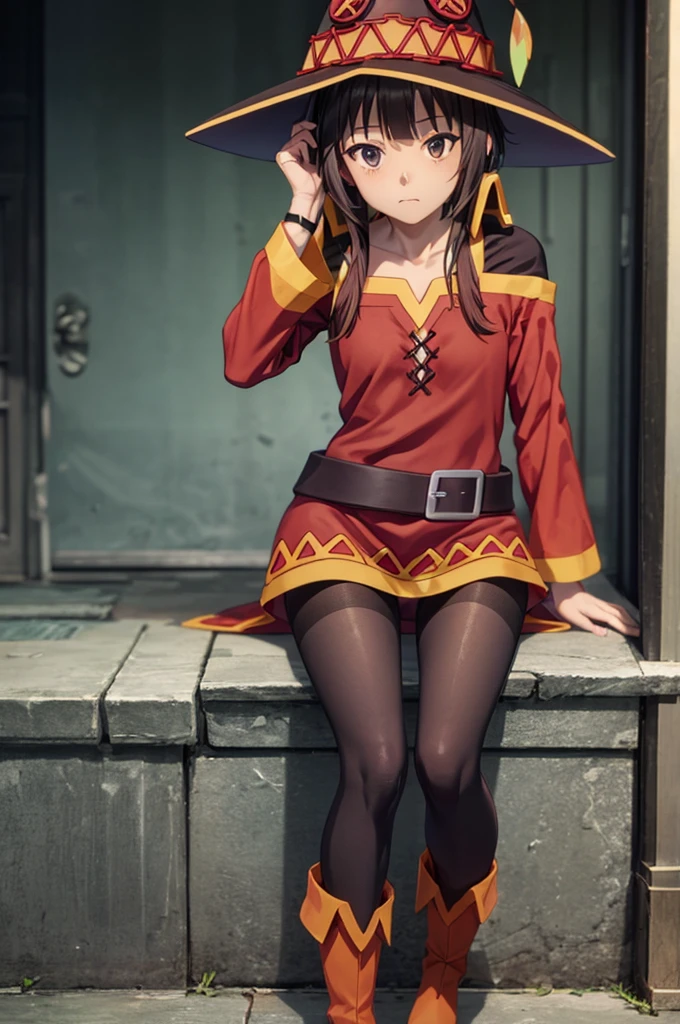 Perfect female shape, (1womanl), (Megumin), red robes, boots, (Wearing pantyhose), ((tucking up the skirt)), The crotch is visible, Looking at the camera, (top-quality, ​masterpiece:1.2), (intricate detailes:1.4), (Photorealsitic:1.4), Front image, High resolution, high detailing, realistic skin textures, Detail Face, Very detailed CG Unity 16k wallpaper, make - up, (detailedbackground:1.2), shinny skin,