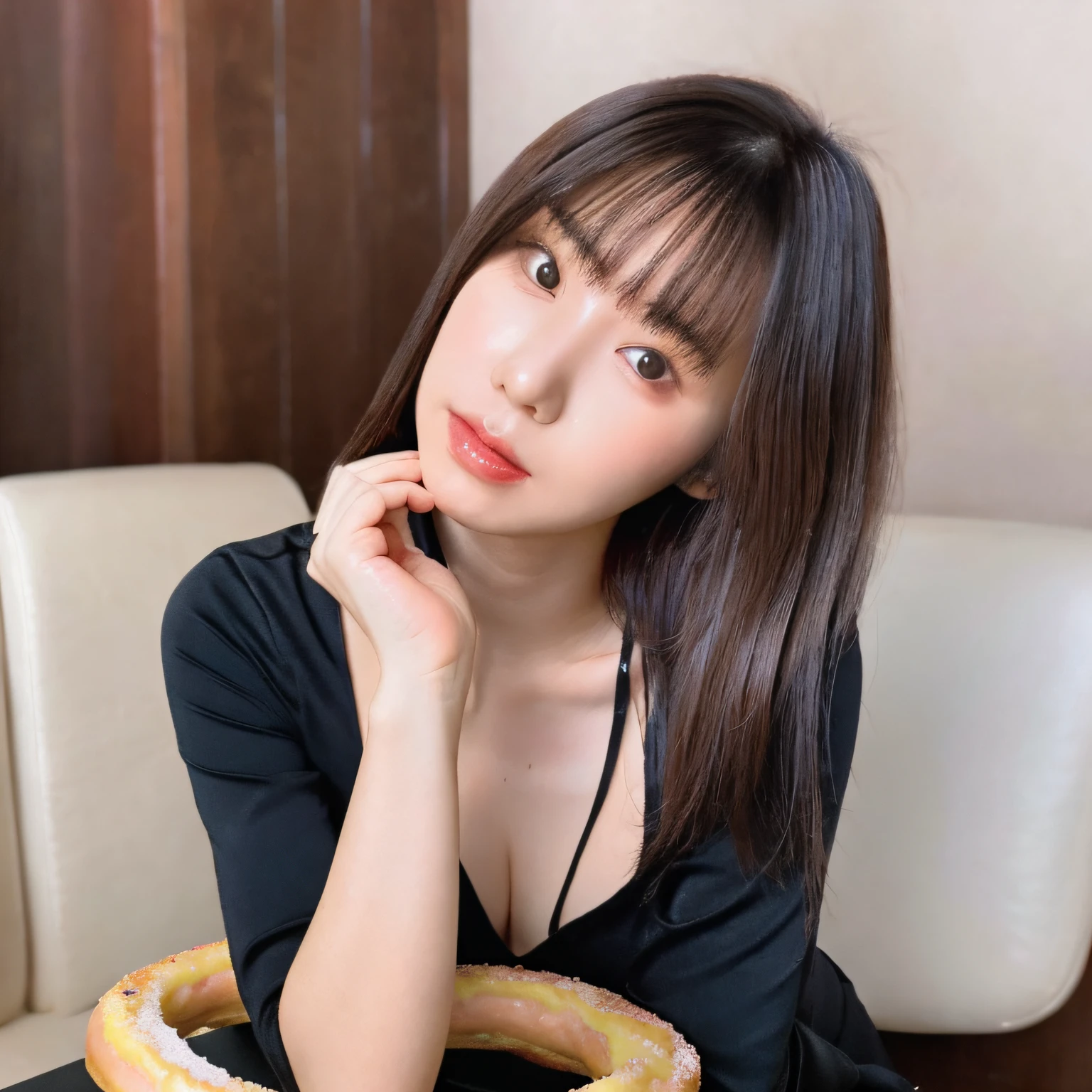 there is a woman sitting in a chair with a donut in her hand, south east asian with round face, with round face, with round cheeks, with professional makeup, 2 , 2 9 years oldd face, 2 8 years old, bbwchan, hotograph, round chin, 3 0 years old woman