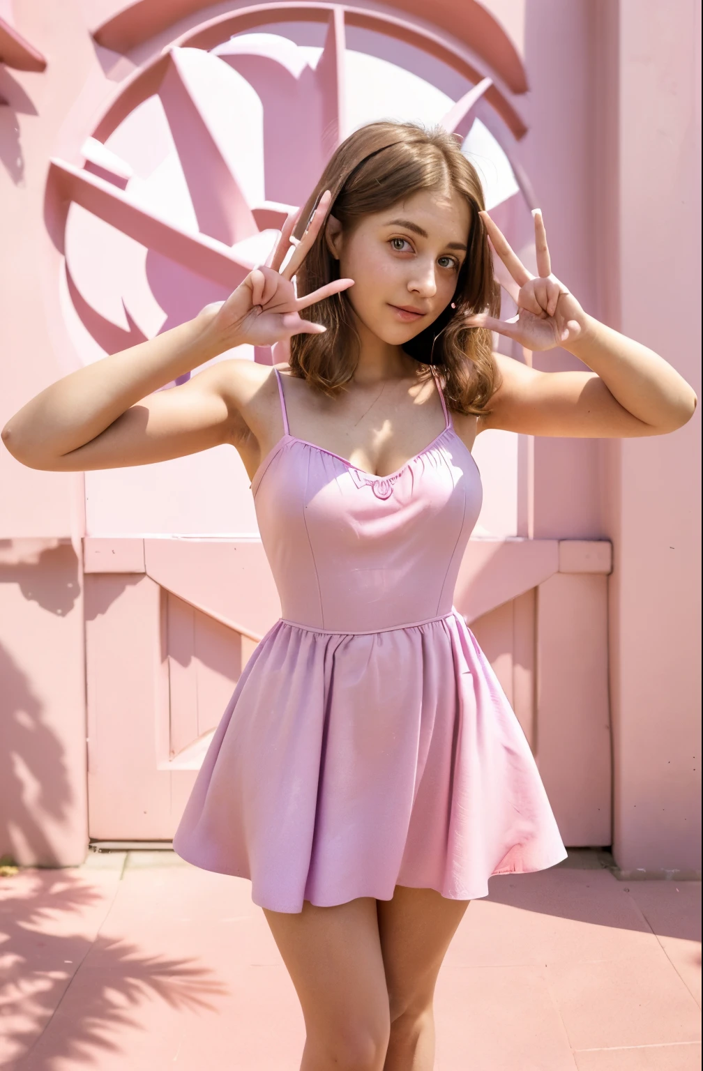 araffe woman in pink dress making a peace sign with her hands, violet myers, cute woman, satisfied pose, pretty face with arms and legs, wearing a pink dress, photo shoot, dressed in a pink dress, waist high, casual pose, sunny day, full pose, full body picture, hands behind her pose!, frontal pose, short dress, pink body