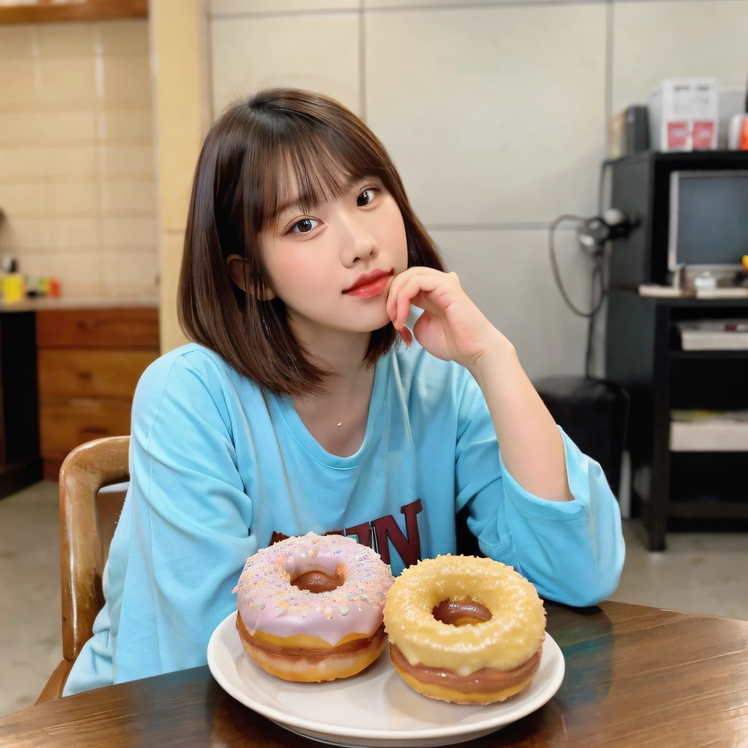 there is a woman sitting in a chair with a donut in her hand, south east asian with round face, with round face, with round cheeks, with professional makeup, 2 7 years old, 2 9 years old, full round face, 2 8 years old, bbwchan, 8k selfie photograph, round chin, 3 0 years old woman