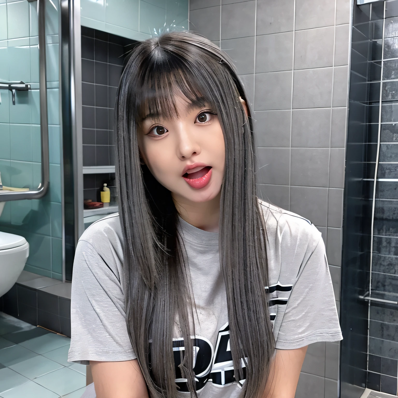there is a woman sticking her tongue out in a bathroom, long ashy hair, straight grey hair, dark gray hair, some grey hair, tongue out, grey hair, bbwchan, thicc, long grey hair, asian girl with long hair, half asian, black and grey, with dark grey hair, cloudy grey hair, 2
