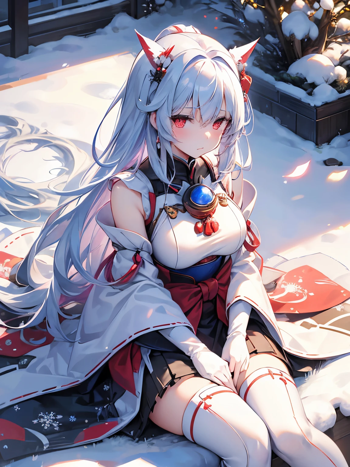 snow woman、Japan female in her 20s、komono、long hem、lightblue hair、short-cut、Long sideburns、bouncy back hair、red eyes、Red band、Abundant udder、You can see the chest、Sitting down with a sad expression、Snowstorm and snowflakes on the background