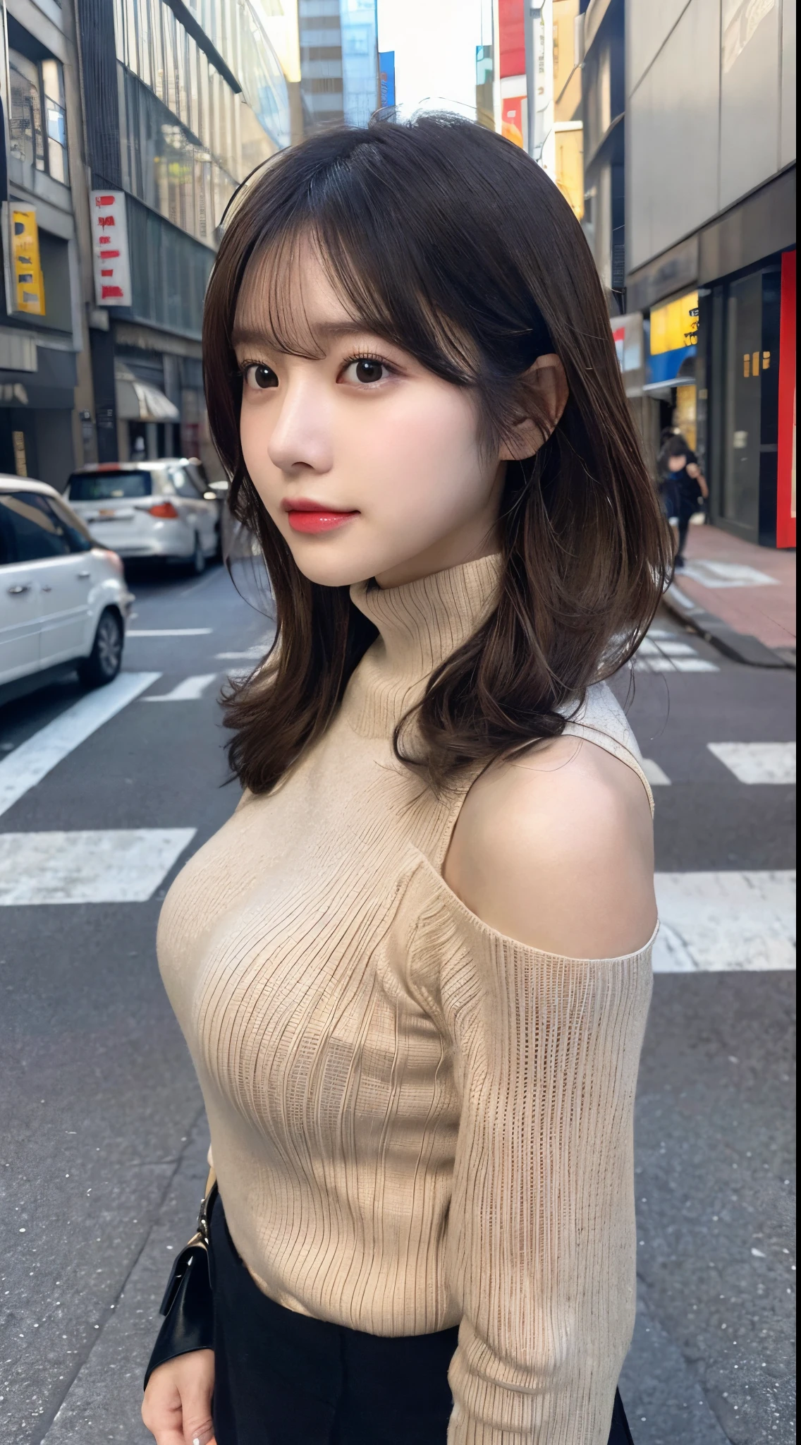 (Colossal tits、Turtleneck sweater、shoulder bags)、(top-quality,masterpiece:1.3,超高分辨率,),(ultra - detailed,Caustics),(真实感:1.4,RAW shooting,)Hyper-realistic capture,A very detailed one,HD 16K human skin、 Natural skin texture、、Skin looks healthy、even skintone、 Use natural light and color,A woman who is,japanes,,kawaii,A brunette one,mid hair,(depth of fields、color difference、、Wide range of lighting、naturalshadow、)、(Hair swaying in the wind:1.2)、Streets of Tokyo