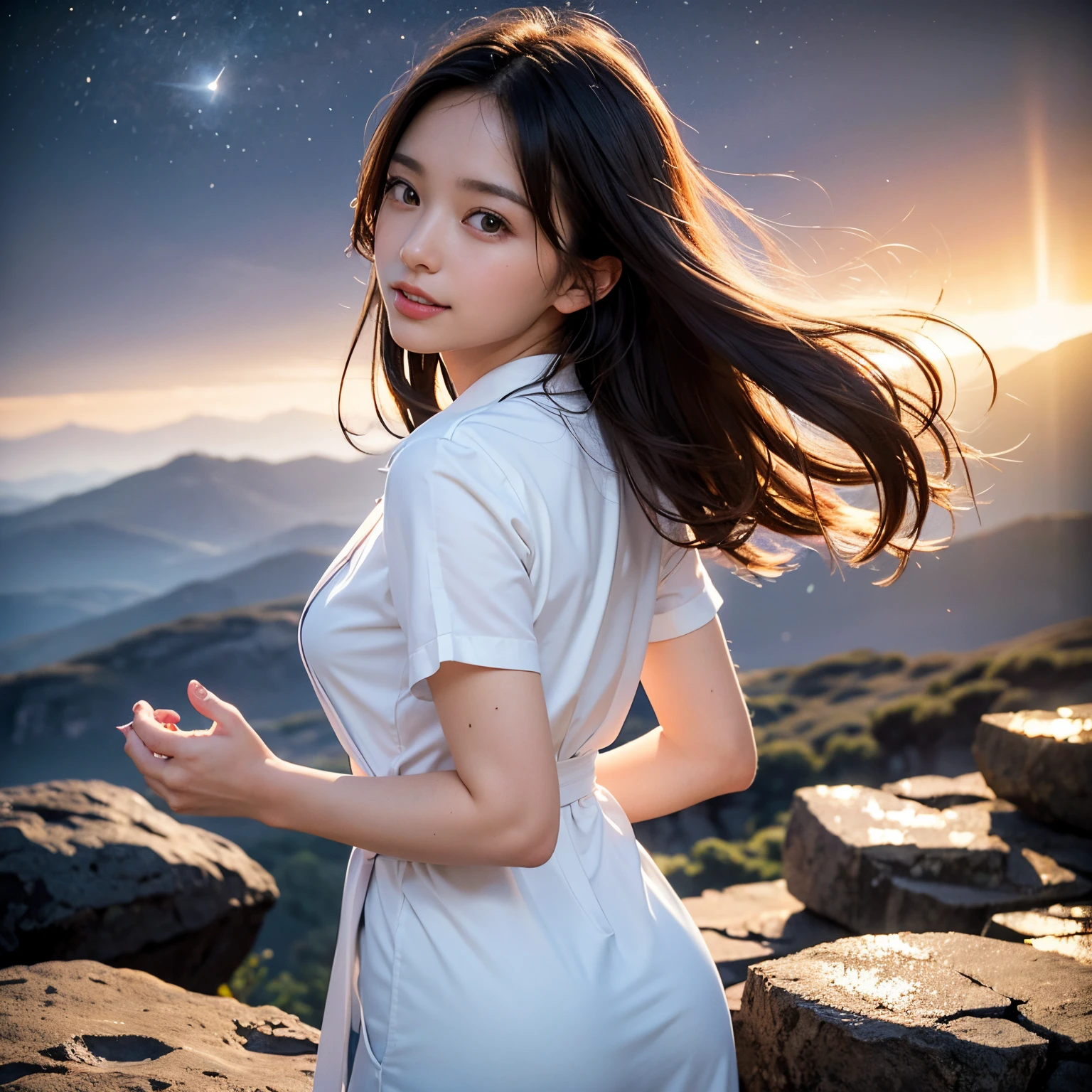 (masutepiece, Best Quality:1.2), 8K, Official art, Full body photo, full body Esbian、Emma fastening her tie. wear robes and cloaks、Beautiful barefoot woman with dark hair floating in the air, Bright lava light from beneath the asteroid belt lifted above the broken Earth(Jagged rock rocks and fragments shot into the air:1.3) (Storm of windy dust debris:1.1) Volume fogmist by trace Z、It can allow bright light from below to pass through、 (​masterpiece) (top-quality) (detaileds) (8K) (电影灯光) (foco nítido) (Convoluted)
Embarrassing black hair、14years、small tits、A delightful、A smile、unbelievable Ridiculous, (Beautiful girl with upper body, Pretty Face, arching back down, cute butt、Gold hair ornament on hair、Wearing a cute suit、close up, Wearing a suit, Short sleeve, gardenia, violaceaess, Teen, space system, Looking at Viewer, Film grain, chromatic abberation, Sharp Focus, face lights, Dynamic lighting, Cinematic lighting, Eyes and faces with detailed, Bokeh background, (Tie with Emma written on it、1 copy:1.2)