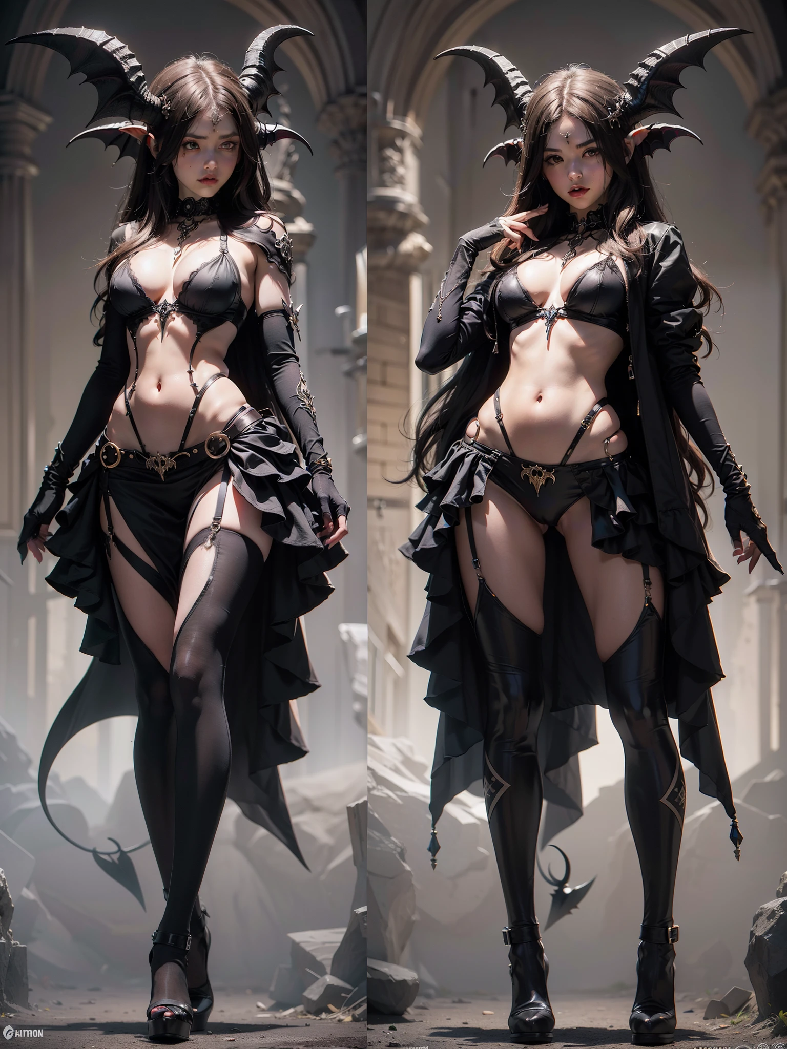 Perfect beauty full body photo ((Demon succubus)), Perfect look，long slim figure, ((big heavy breasts)), shapeless long hair, tiny horns, (Wear revealing Gothic clothing), fully functional, abstract beauty, near-perfect, Pure form, ((dynamicposes)), Ethereal demon background, ((dark dark shadow)),  ((edge lit)), Greg Rutkoski、Conceptual art by John William Waterhouse and Alphonse Mucha, Stunningly detailed, Complicated details, 8K post-production, A high resolution, super detailing, Hot topics on artstation, Focus sharp, Depth of field f/1.8, studio photo.