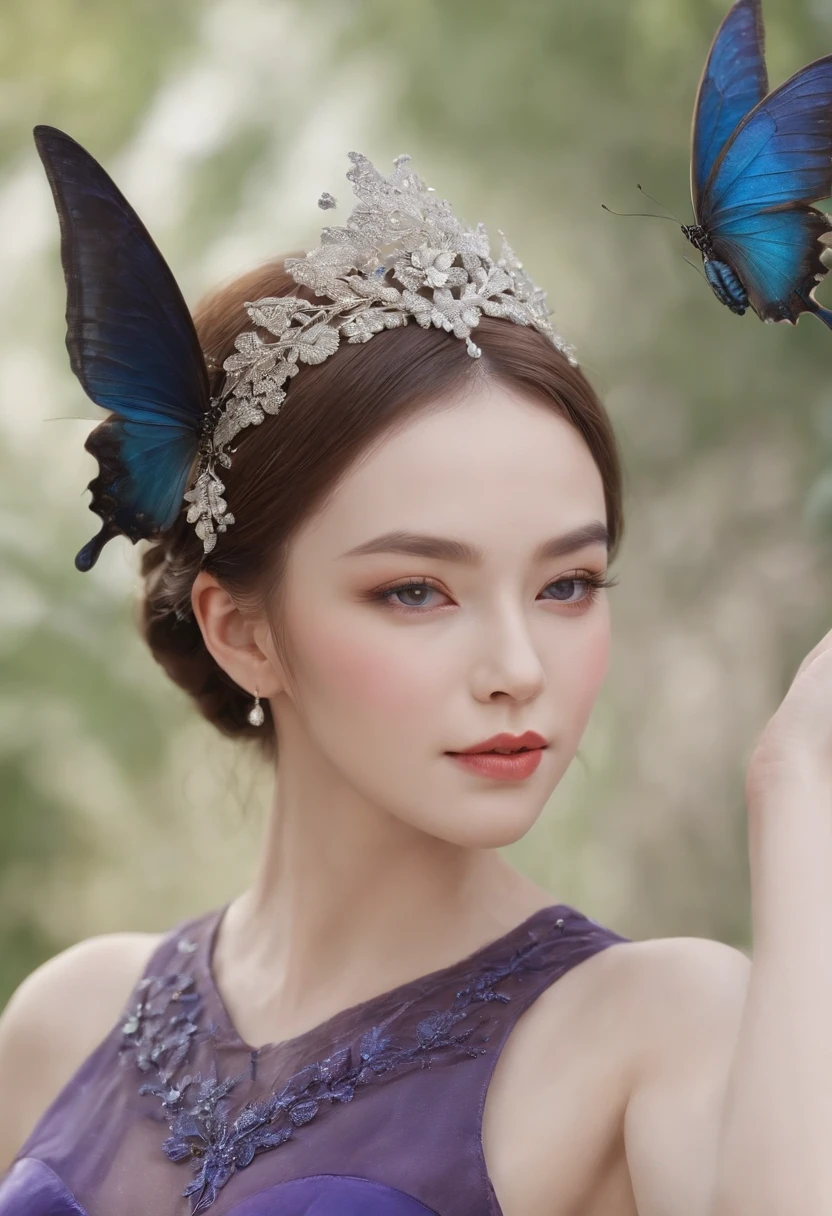 Butterfly motif、Purple and blue tones、Vibrant colors、((masterpiece)))、(((top-quality)))、((ultra-detailliert))、(A hyper-realistic)、(highly detailed CGillustration)、From the right side、Official art、Milan at the beginning of the 20th century、Decadent、Madame Papillon、Masquerade、refinement、Elegance、Gorgeous、Masks that cover most of the face、Colorful and detailed mask design、matchless beauty、Fans、gorgeous dress、jewely、Perfect Angle、perfect-composition。full body Esbian