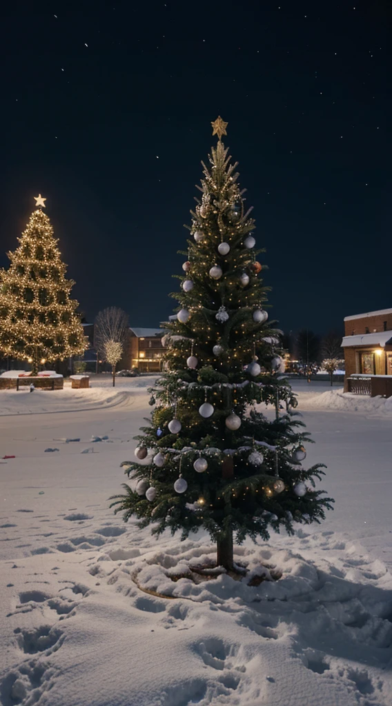 Christmas tree with flowers and gifts with snow fall at night