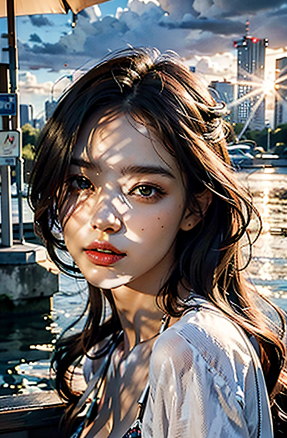 (best quality, masterpiece:1.2), ultra-detailed, photorealistic:1.37, medium:photography, swimsuit, surreal, extremely detailed, detailed face, detailed skin, trending on ArtStation, 8k masterpiece, cinematic lighting, landscape, scenery, no humans, urban landscape, sky, city, clouds, outdoor, buildings, sunset, city lights, bridge, river, trees, road, artist name.