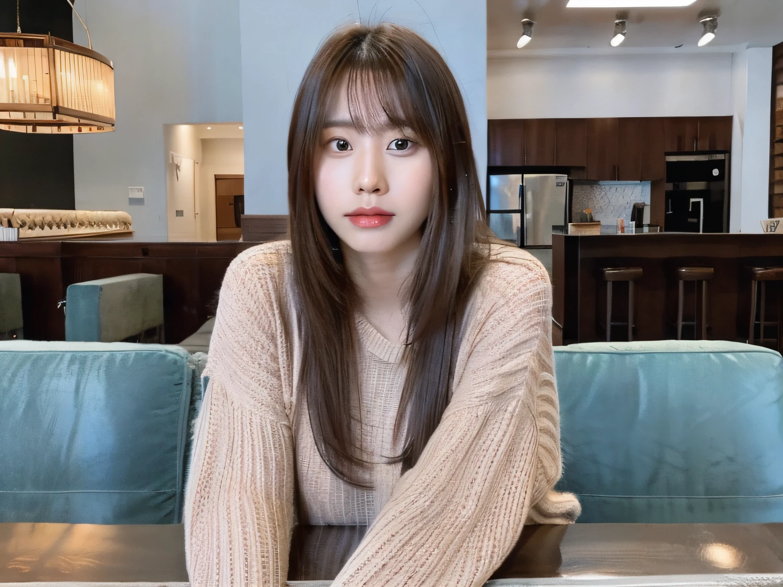 there is a woman with long hair sitting at a table, jaeyeon nam, gorgeous young korean woman, 8k selfie photograph, korean girl, heonhwa choe, 2 9 years old, korean woman, beautiful south korean woman, ash blond greyish hair, 2 7 years old, 2 8 years old, pokimane, with short hair