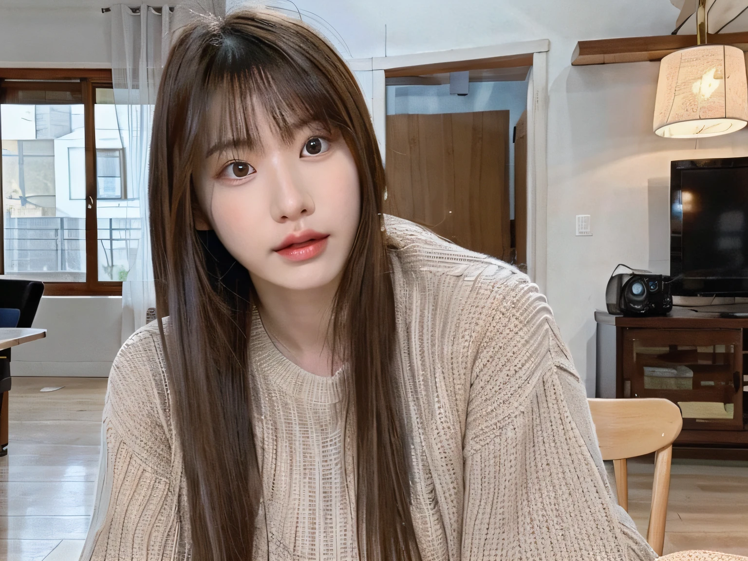 there is a woman with long hair sitting at a table, jaeyeon nam, gorgeous young korean woman, 8k selfie photograph, korean girl, heonhwa choe, 2 9 years old, korean woman, beautiful south korean woman, ash blond greyish hair, 2 7 years old, 2 8 years old, pokimane, with short hair