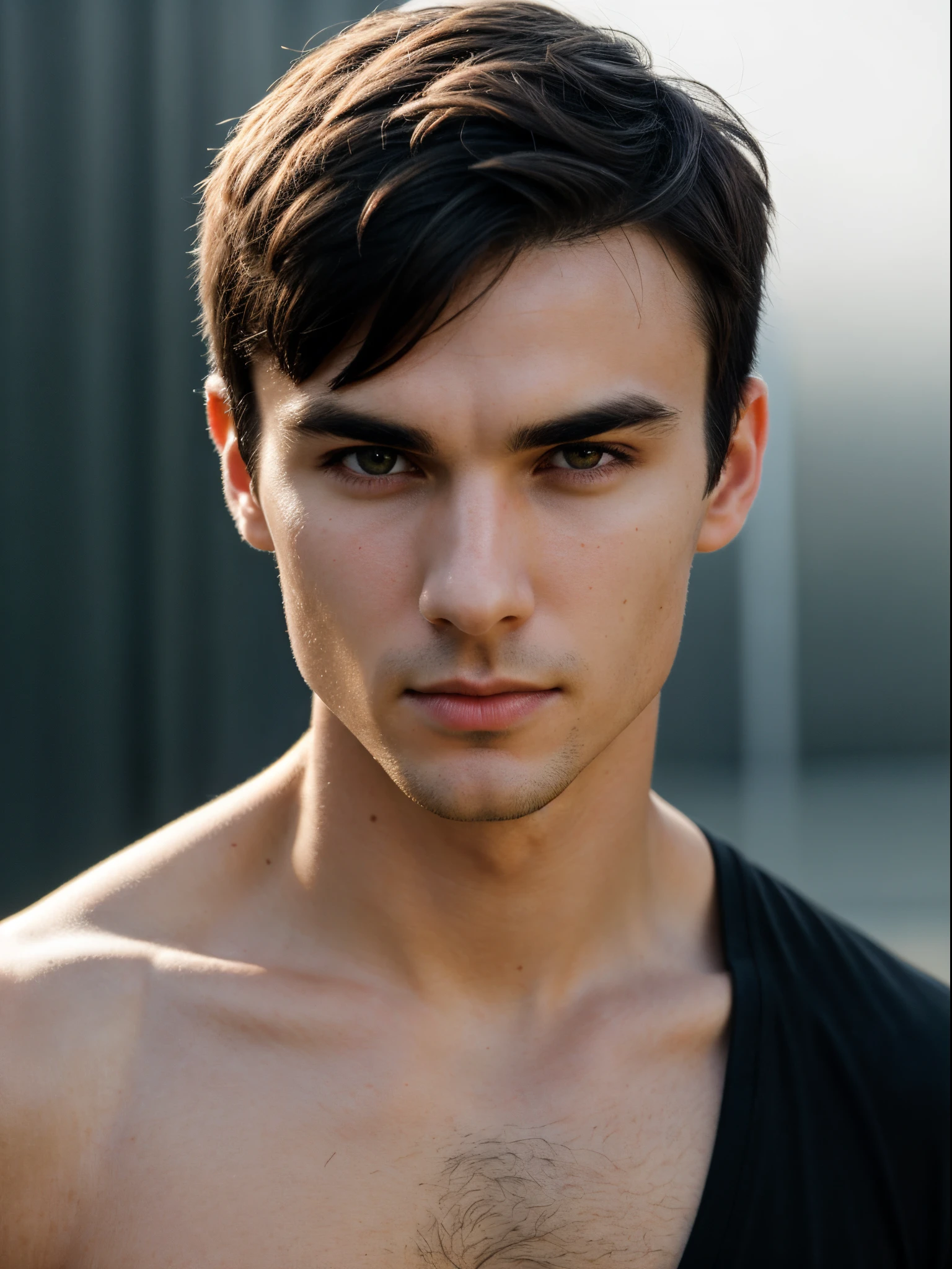An amazing portrait of a masculine 20 year old man in a black t shirt, buzzcut hair, short hair, great facial feature, ((very short hair)), perfect eyes, ultra realistic eyes, perfect face, perfect body, cinematic, color analog film photo, realistic hair, ((Perfect Face)), ((masculine Face)), medium shot of a handsome man, Photograph, photorealistic, neutral Pose, ((clean shaven)), (Looking at Viewer), artgerm, cinematic lighting, very high detailed, foggy background, shot on Fujifilm Superia 400, Short Light, 32k, cinematic composition, professional color grading, photography, photoshoot, cinematic lighting, volumetric lighting, insanely detailed, male model, ((sfw)), ((looking at viewer)), ((facing forward)), ((young ian somerhalder)), solo, one person, ((facing Camera)), ((head on)), ((hair out of face)), ((head shot)), ((buzzcut hair)), (very short hair), ((clean shaven)) ,Dark hair, Light Skin, Flawless Skin, (dark Blue Eyes), Oval Face, (Dark Brown Hair), short snub nose, full eyebrows, great cheekbone, Ultra detailed face, mode portrait, ((perfectly straight in front of the camera)), Masterpiece,realistic,photorealistic,photo r3al,Extremely Realistic,Portrait,Masterpiece,Stylish