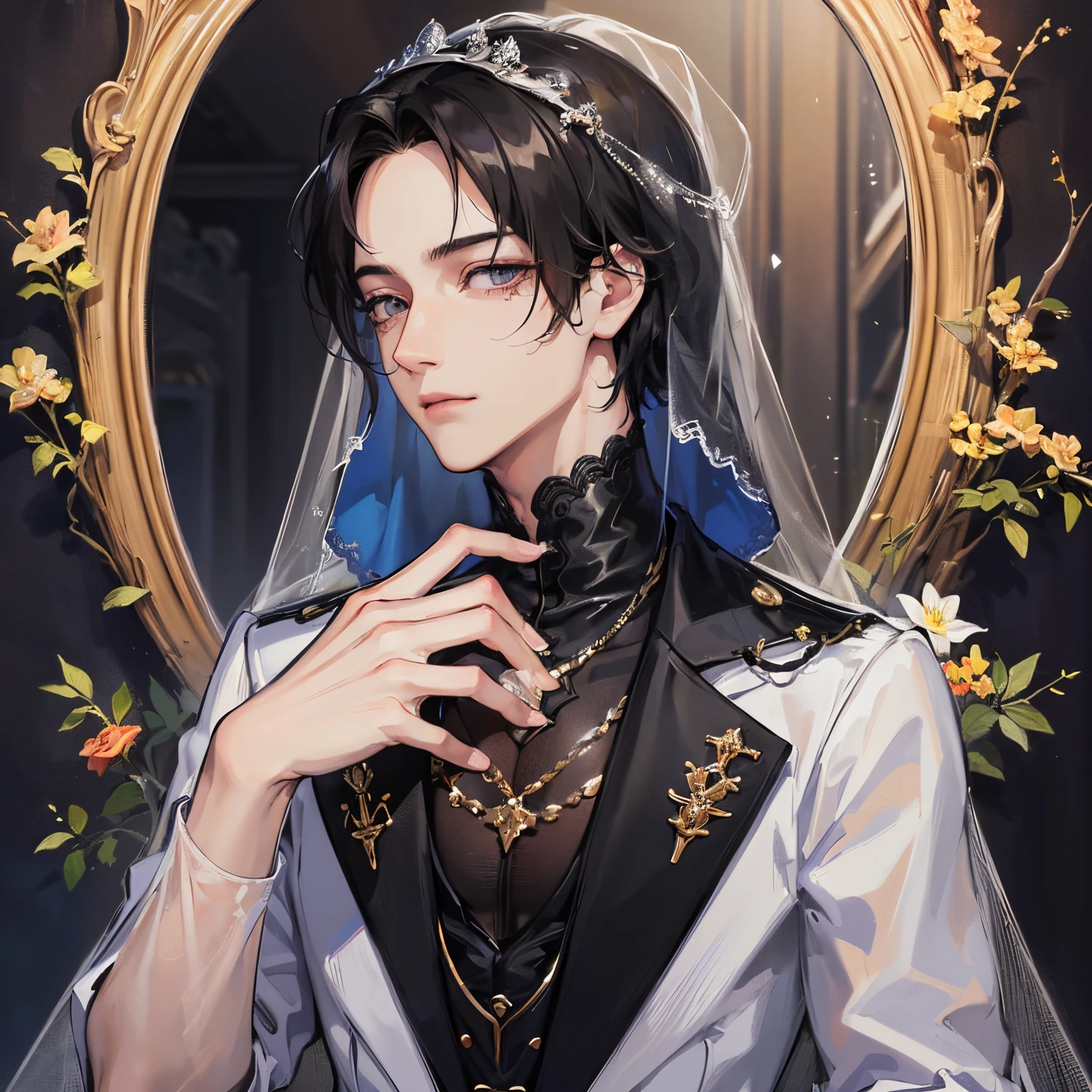 Adonis、Boy with black hair、Straight face、A detailed face、1 boy、Classic、Arrogant man、top grade、Center division、Forehead、Mole、One Man、glamor、Music、noble、nobles、Very beautiful man、Wearing a wedding veil、of short hair